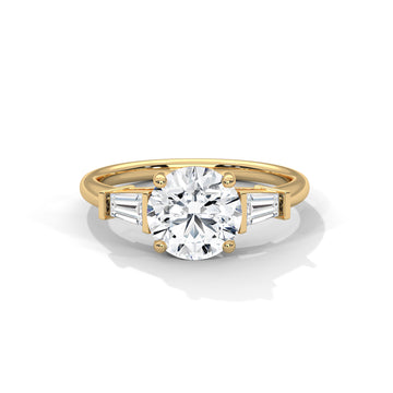 Round Cut Diamond Three Stone Engagement Ring – Round Diamond Ring with Trapezoid Side Stones – Classic Three Stone Proposal Ring – Luxury Bridal Ring