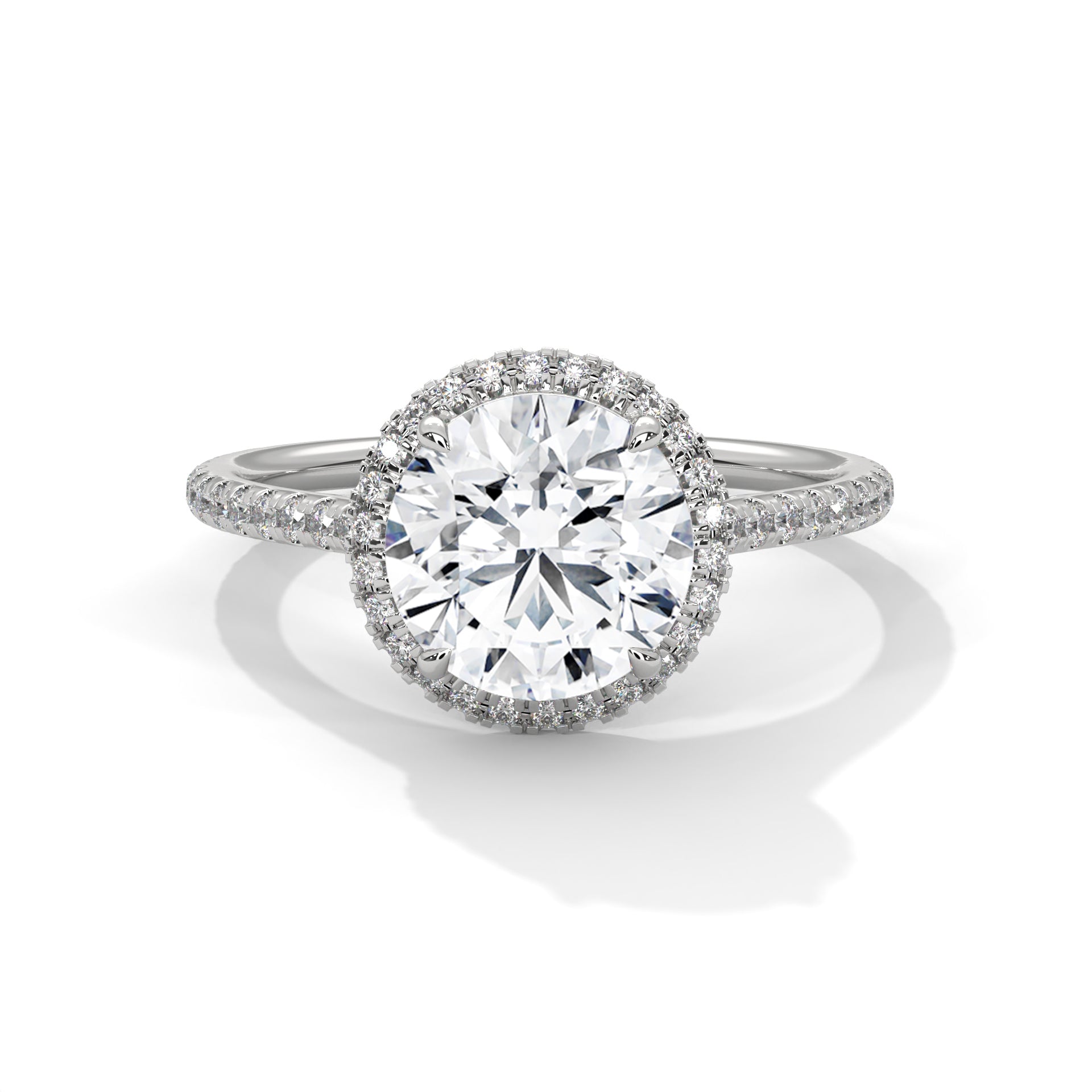 Round Halo Diamond Engagement Ring in White Gold – 2 Carat Round Brilliant with Pavé Diamond Band