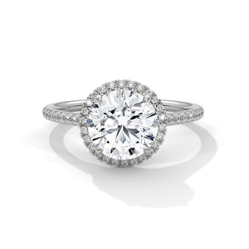 Round Halo Diamond Engagement Ring in White Gold – 2 Carat Round Brilliant with Pavé Diamond Band