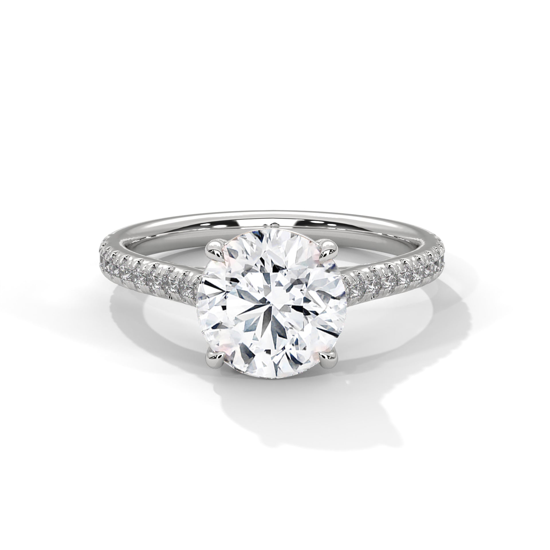 Round Diamond Pavé Engagement Ring in White Gold – Round Brilliant Solitaire Ring – Diamond Accent Engagement Ring – Classic Proposal Ring