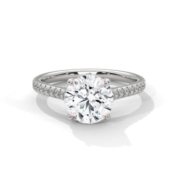 Round Diamond Pavé Engagement Ring in White Gold – Round Brilliant Solitaire Ring – Diamond Accent Engagement Ring – Classic Proposal Ring