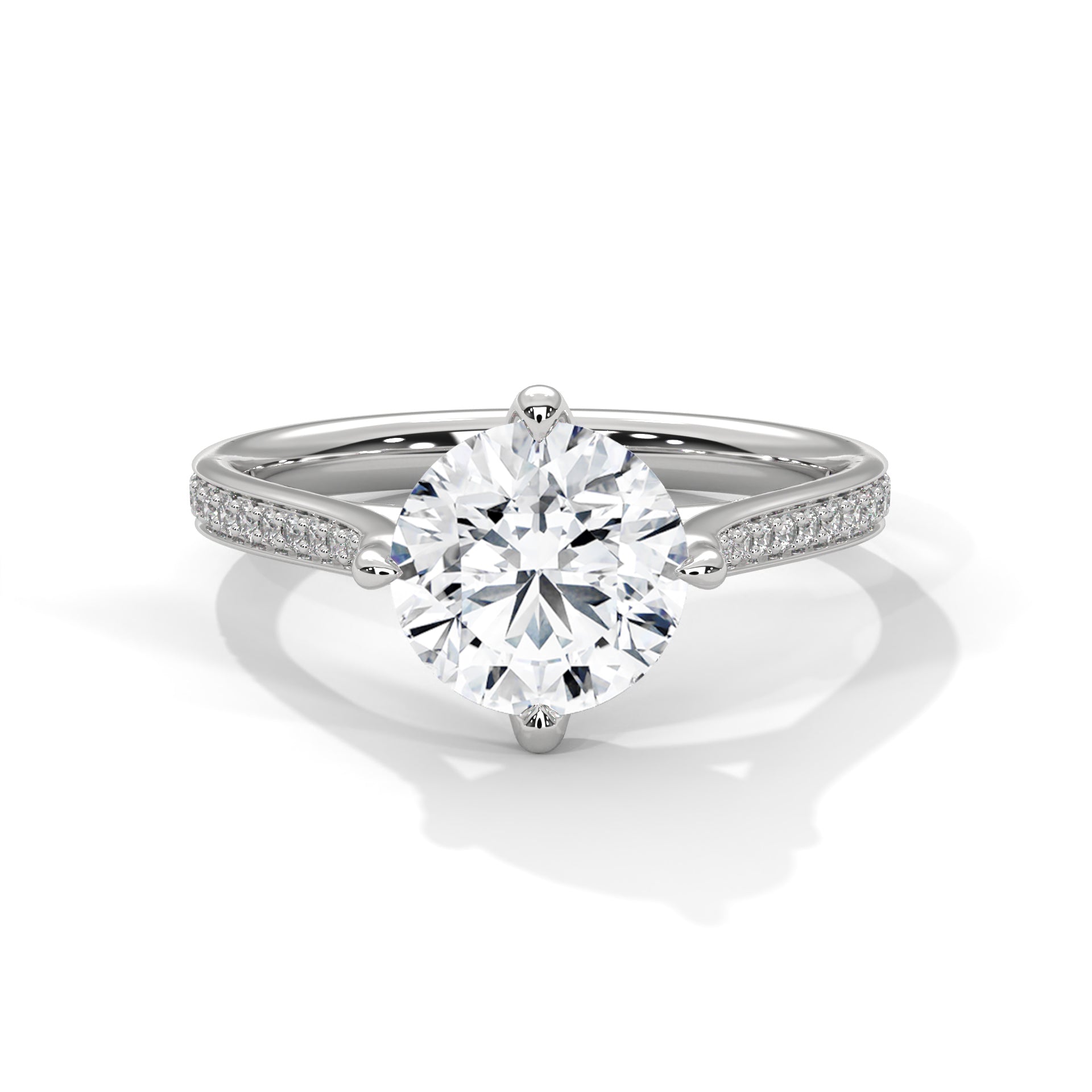 Round Diamond Pavé Engagement Ring in White Gold – Classic Round Solitaire with Diamond Band – Elegant Proposal Ring – Luxury Diamond Engagement Ring