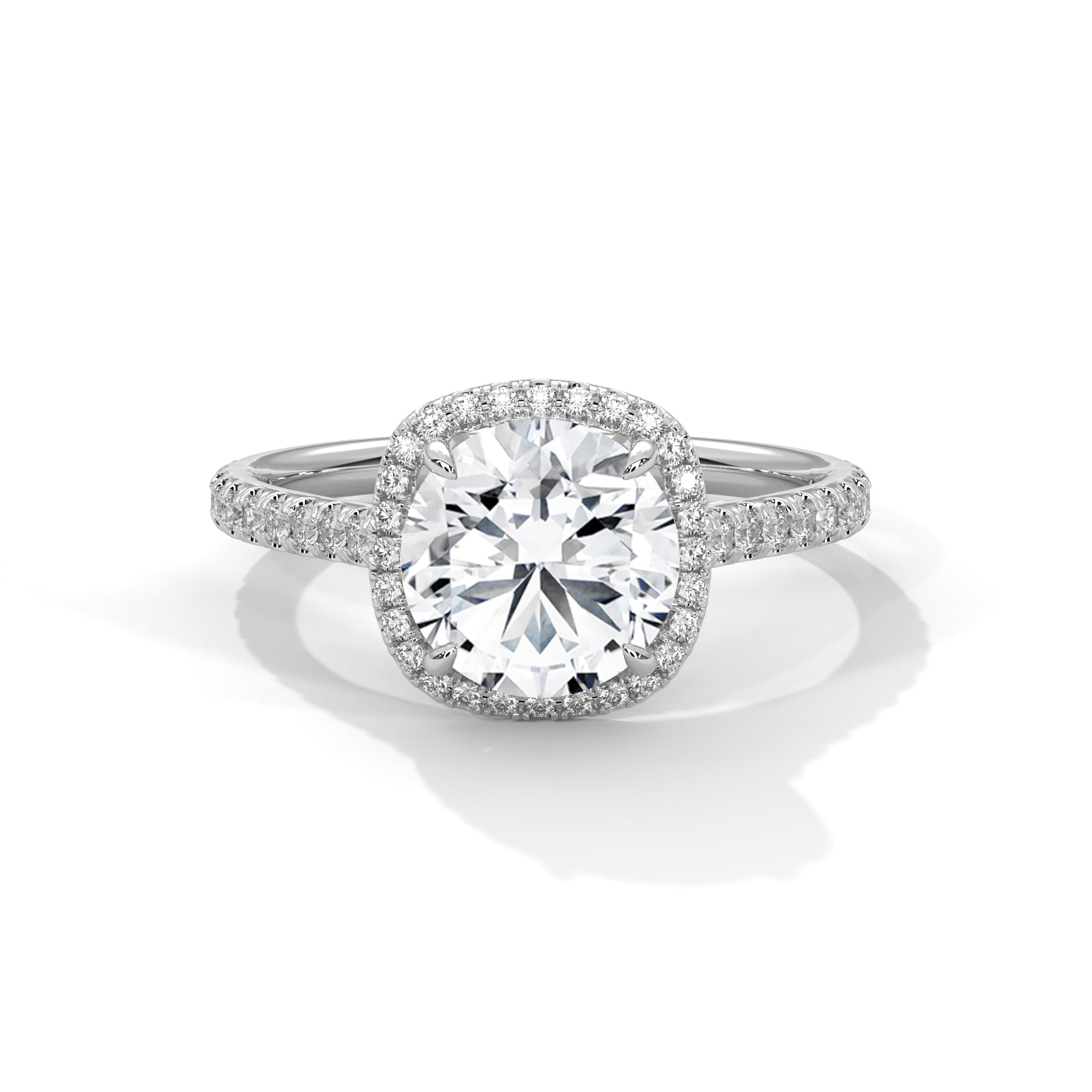 Round Cut Halo Diamond Engagement Ring in 14K White Gold, 2.00 Carat Lab Grown Diamond Pavé Bridal Ring