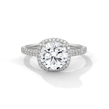 Round Cut Halo Diamond Engagement Ring in 14K White Gold, 2.00 Carat Lab Grown Diamond Pavé Bridal Ring
