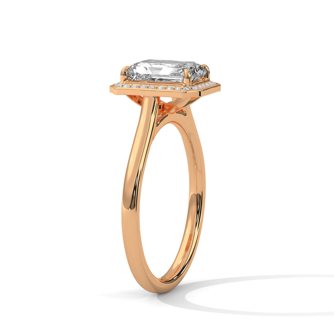 Emerald Cut Diamond Halo Engagement Ring in Rose Gold – Emerald Cut Solitaire Halo Ring – Vintage Inspired Diamond Engagement Ring – Luxury Proposal Ring