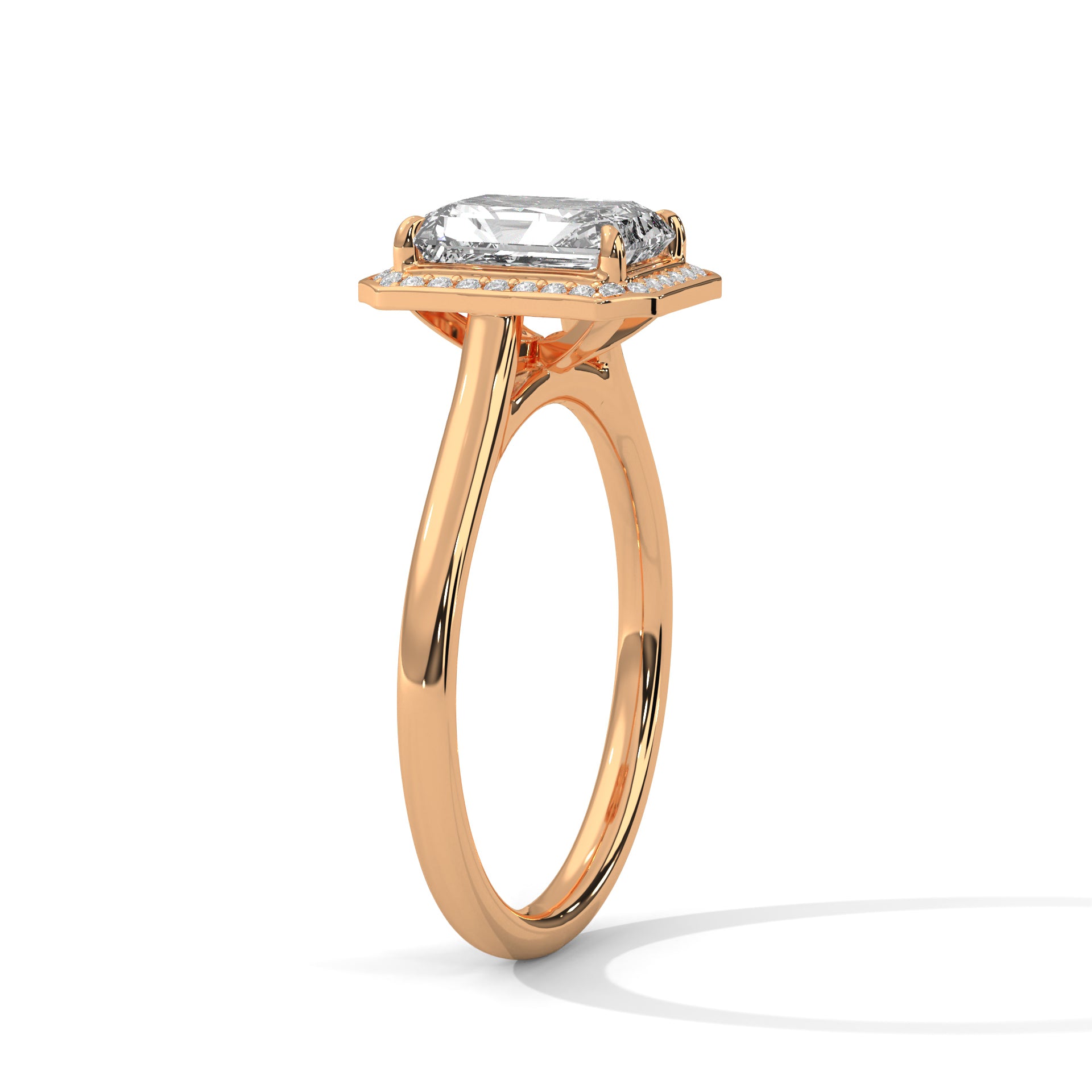 Emerald Cut Diamond Halo Engagement Ring in Rose Gold – Emerald Cut Solitaire Halo Ring – Vintage Inspired Diamond Engagement Ring – Luxury Proposal Ring