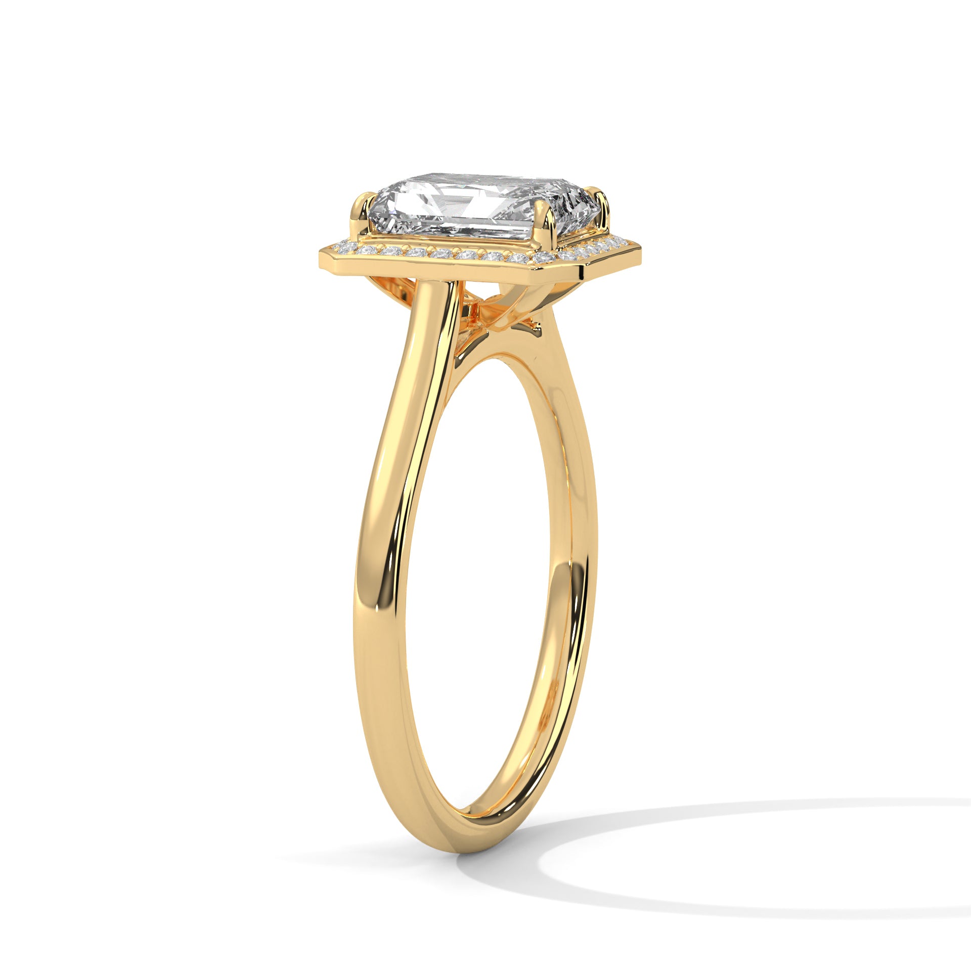 Emerald Cut Diamond Halo Engagement Ring in Gold – Emerald Cut Solitaire Halo Ring – Vintage Inspired Diamond Engagement Ring – Luxury Proposal Ring