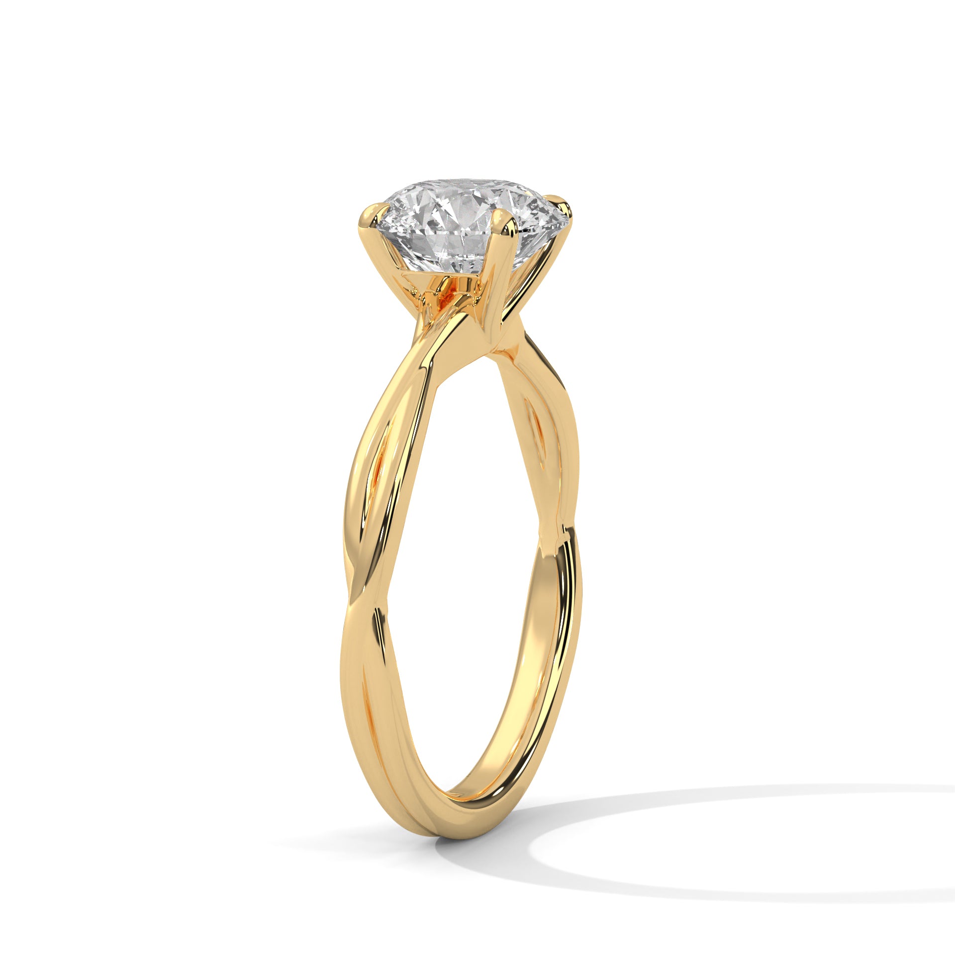 Round Diamond Twisted Engagement Ring in Yellow Gold – Solitaire Diamond Twist Band Ring – Classic Proposal Ring