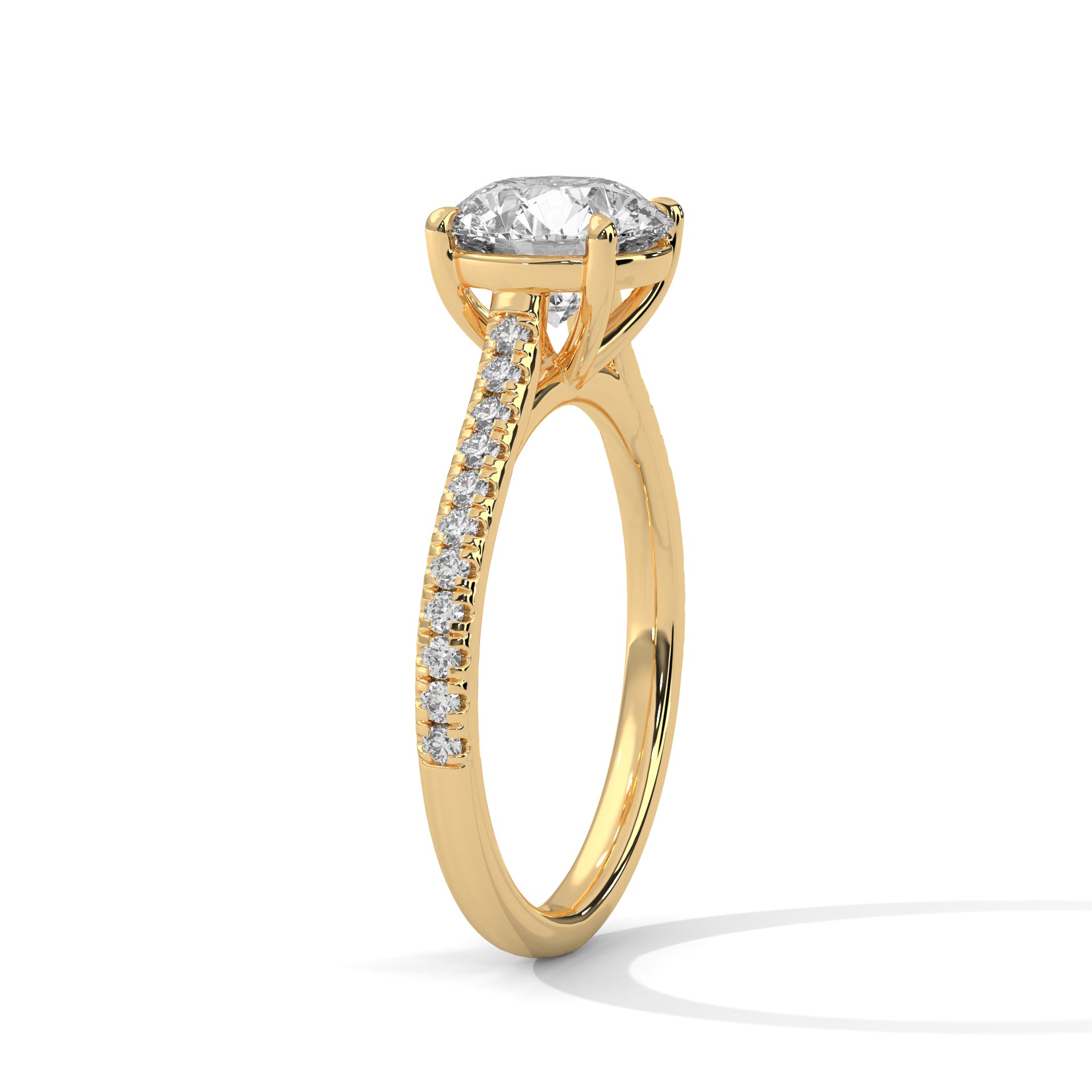 Round Diamond Pavé Engagement Ring in Gold – Round Brilliant Solitaire Ring – Diamond Accent Engagement Ring – Classic Proposal Ring