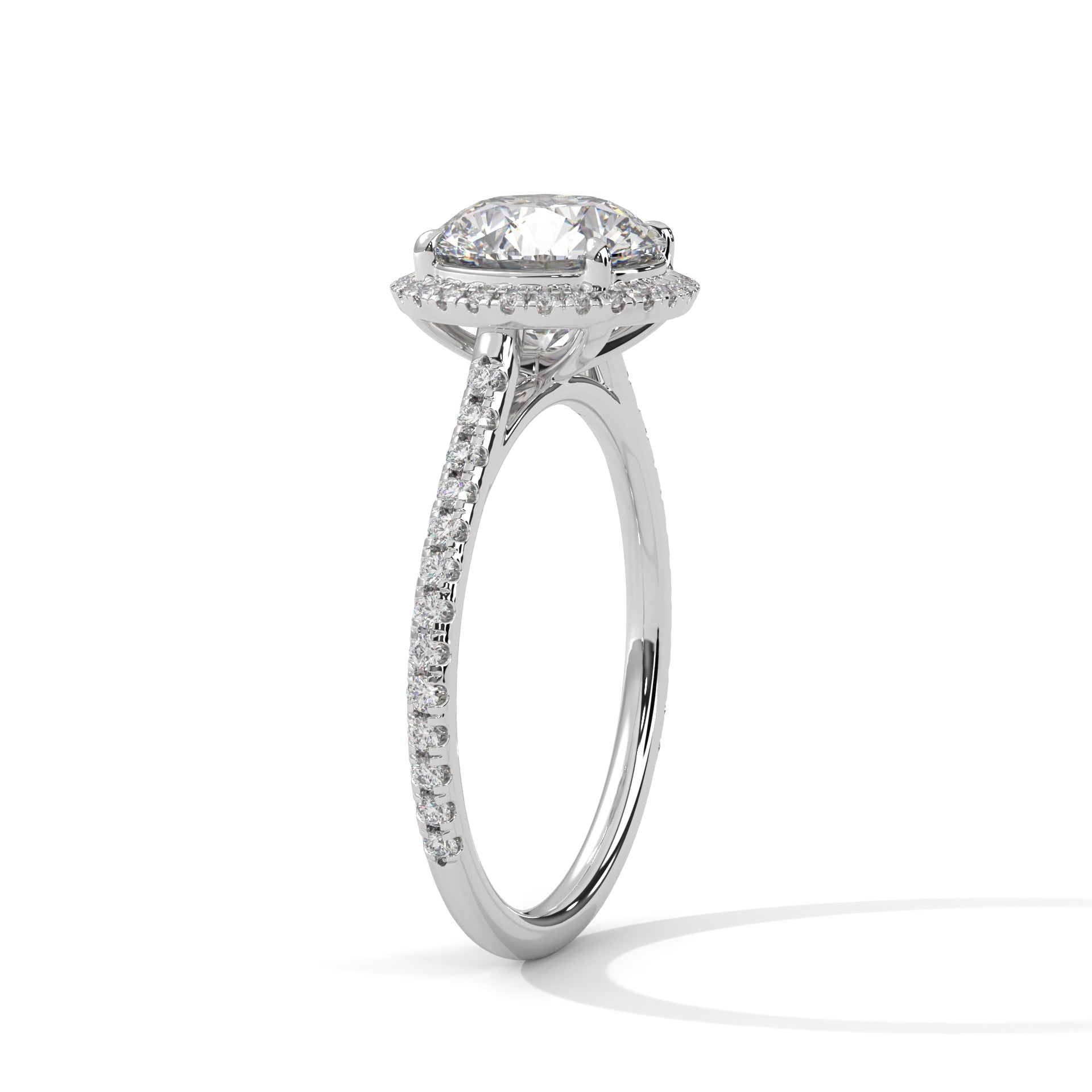 Round Halo Diamond Engagement Ring in White Gold – 2 Carat Round Brilliant with Pavé Diamond Band