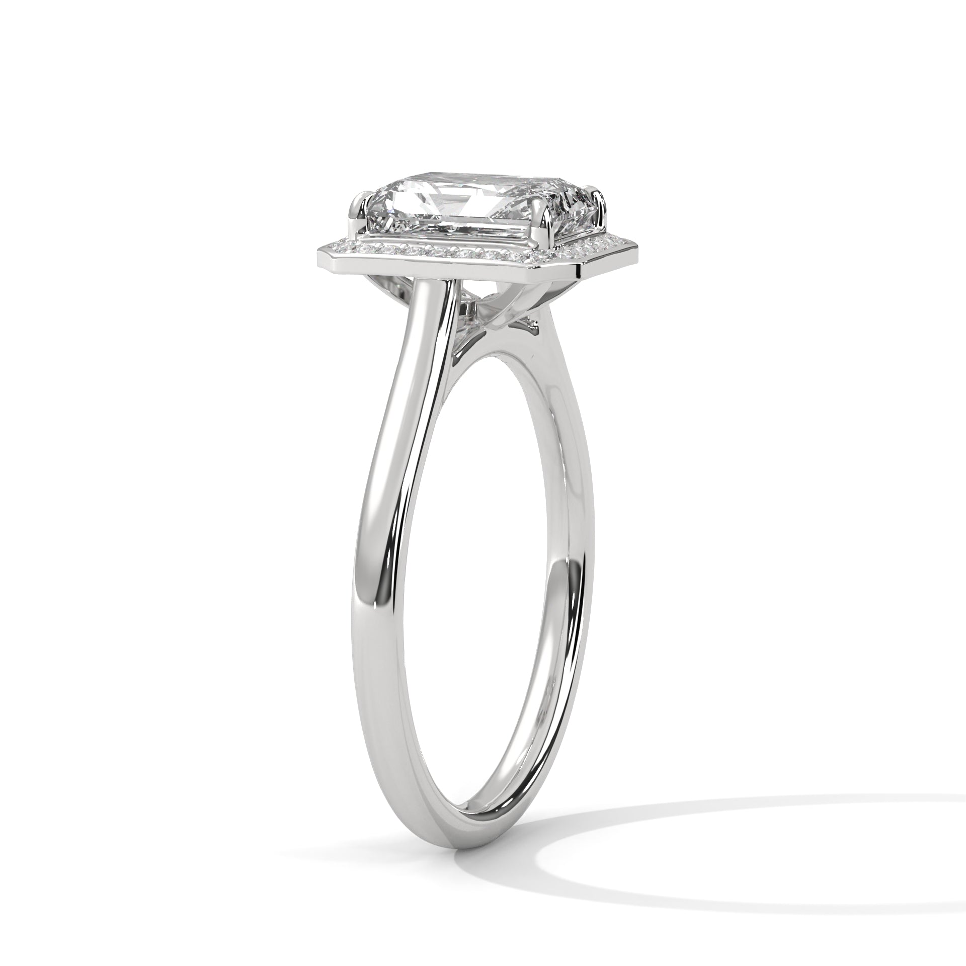 Emerald Cut Diamond Halo Engagement Ring in White Gold – Emerald Cut Solitaire Halo Ring – Vintage Inspired Diamond Engagement Ring – Luxury Proposal Ring