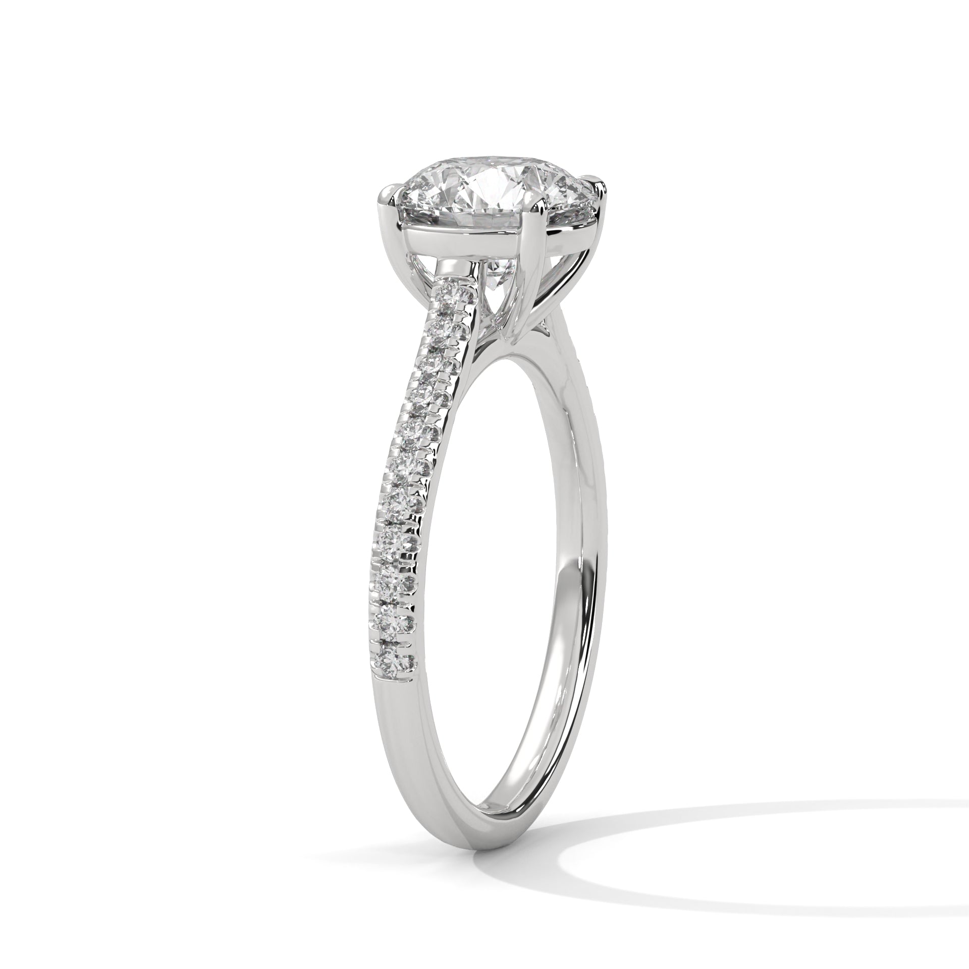 Round Diamond Pavé Engagement Ring in White Gold – Round Brilliant Solitaire Ring – Diamond Accent Engagement Ring – Classic Proposal Ring
