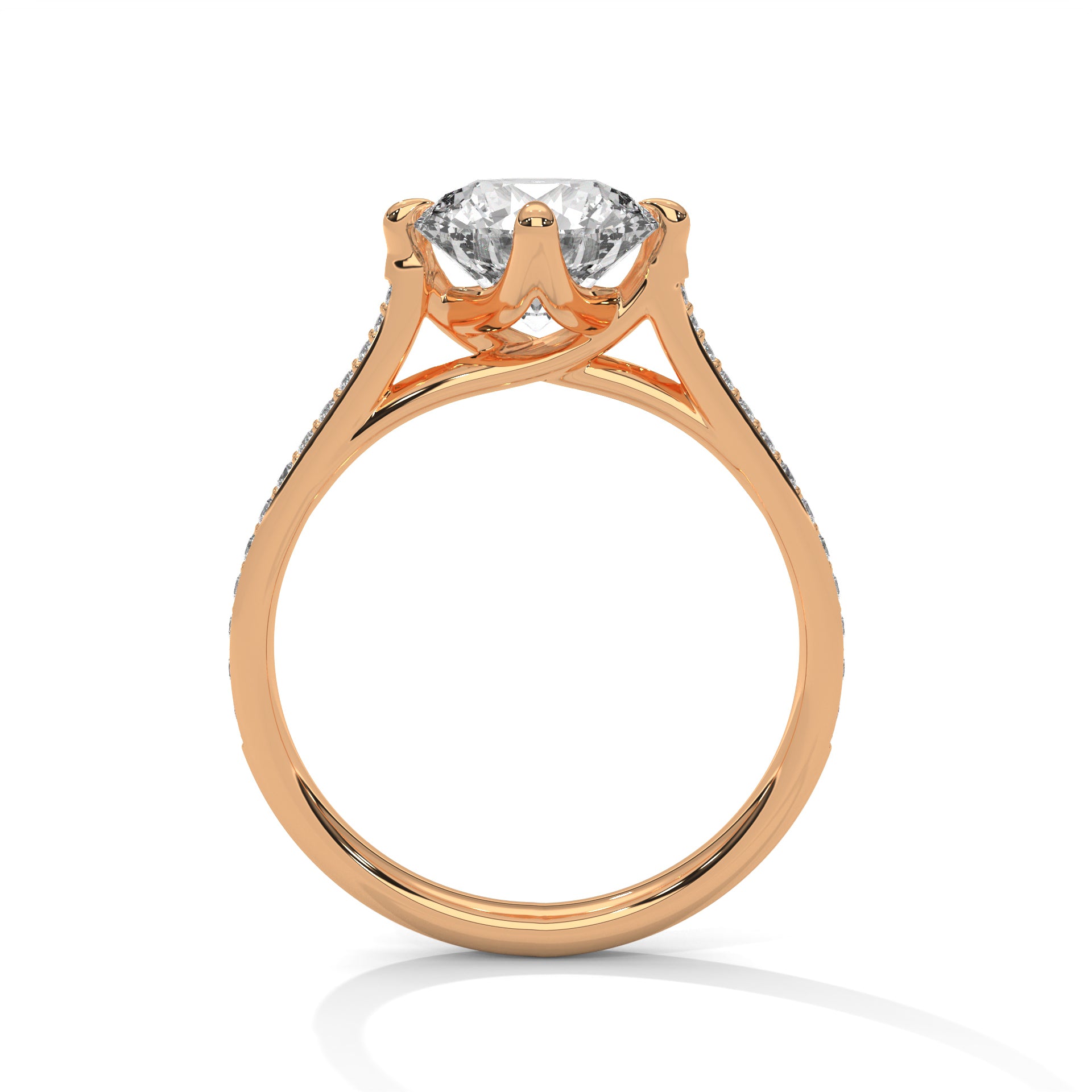 Round Diamond Pavé Engagement Ring in Rose Gold – Classic Round Solitaire with Diamond Band – Elegant Proposal Ring – Luxury Diamond Engagement Ring
