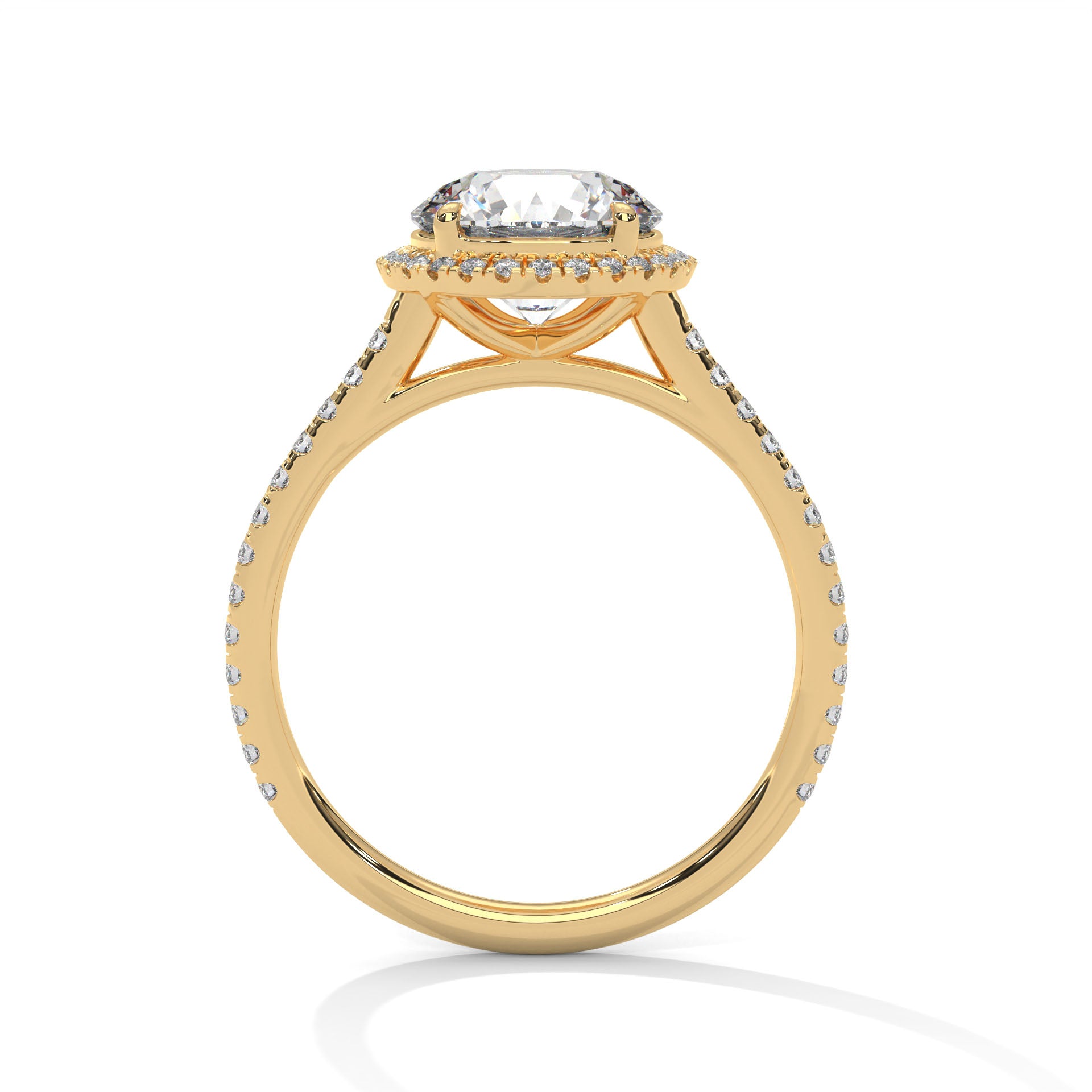 Round Halo Diamond Engagement Ring in Yellow Gold – 2 Carat Round Brilliant with Pavé Diamond Band
