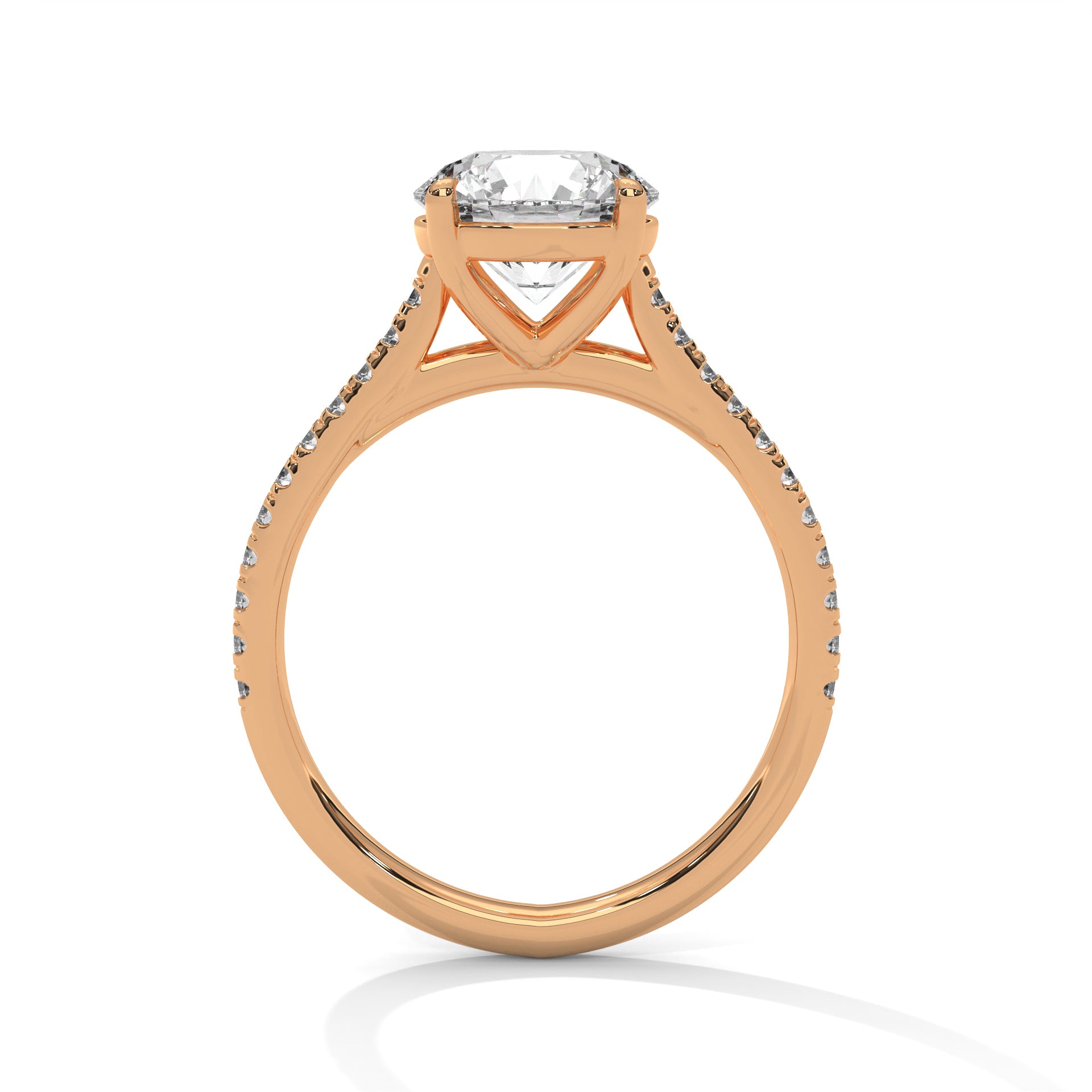 Round Diamond Pavé Engagement Ring in Rose Gold – Round Brilliant Solitaire Ring – Diamond Accent Engagement Ring – Classic Proposal Ring