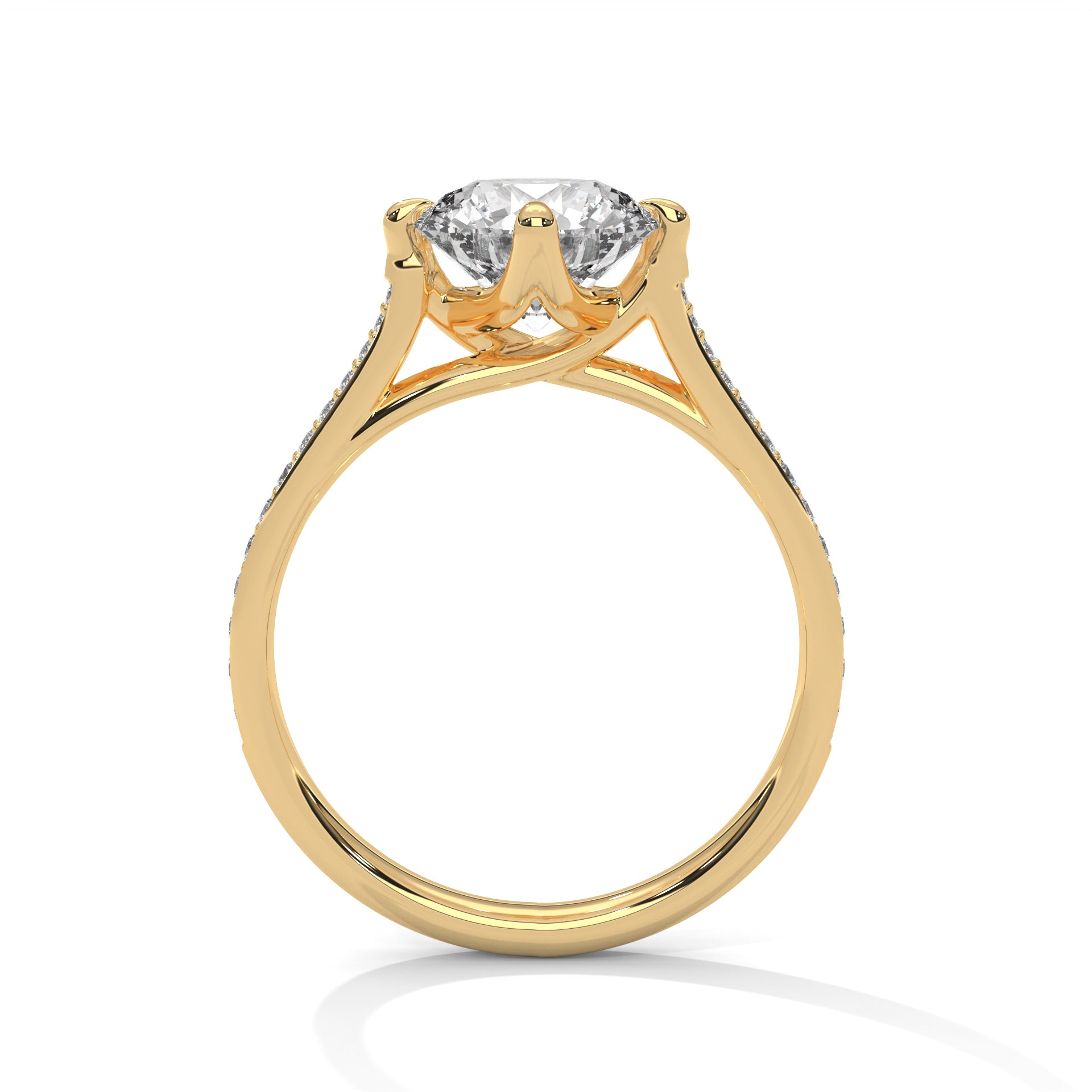 Round Diamond Pavé Engagement Ring in Gold – Classic Round Solitaire with Diamond Band – Elegant Proposal Ring – Luxury Diamond Engagement Ring