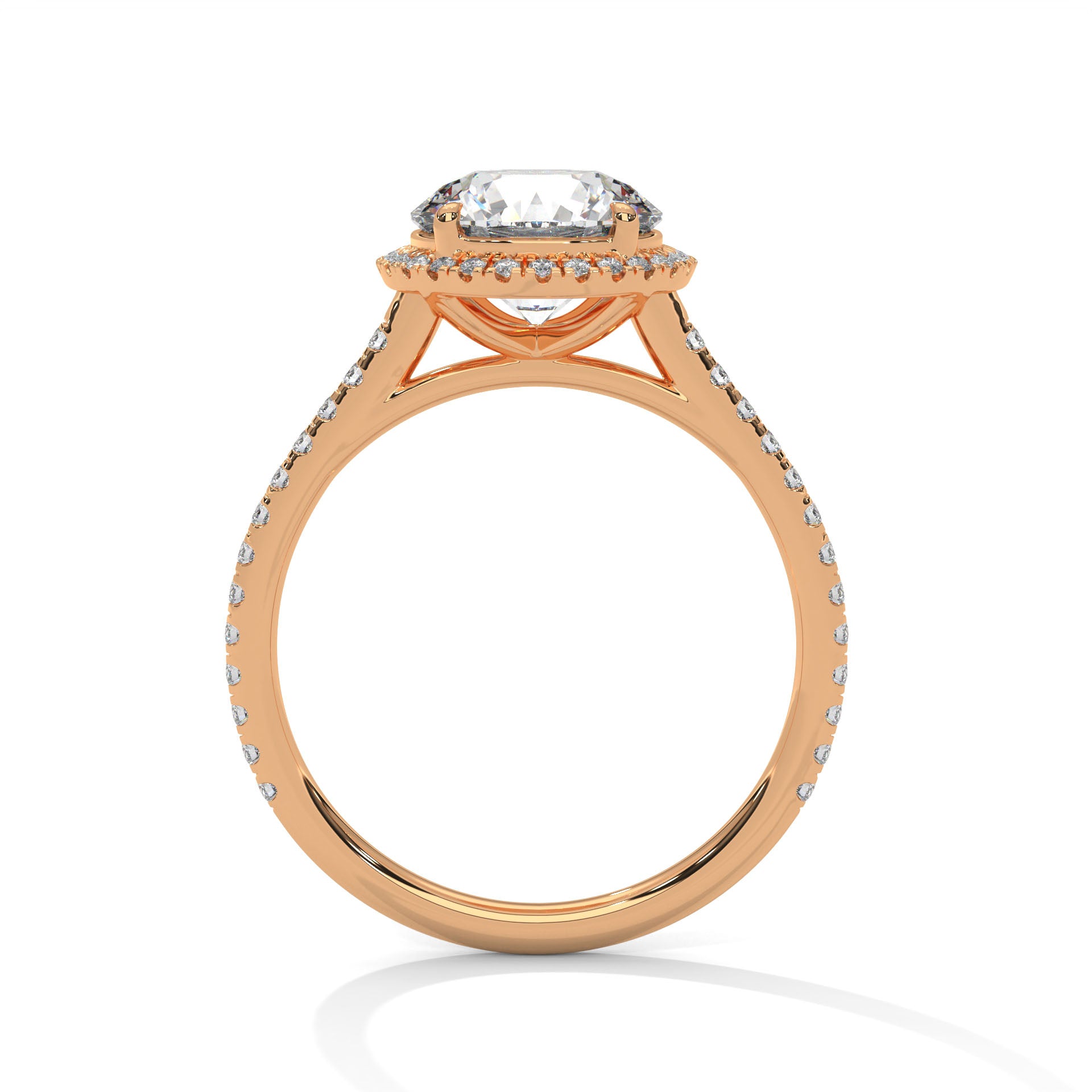 Round Halo Diamond Engagement Ring in Rose Gold – 2 Carat Round Brilliant with Pavé Diamond Band