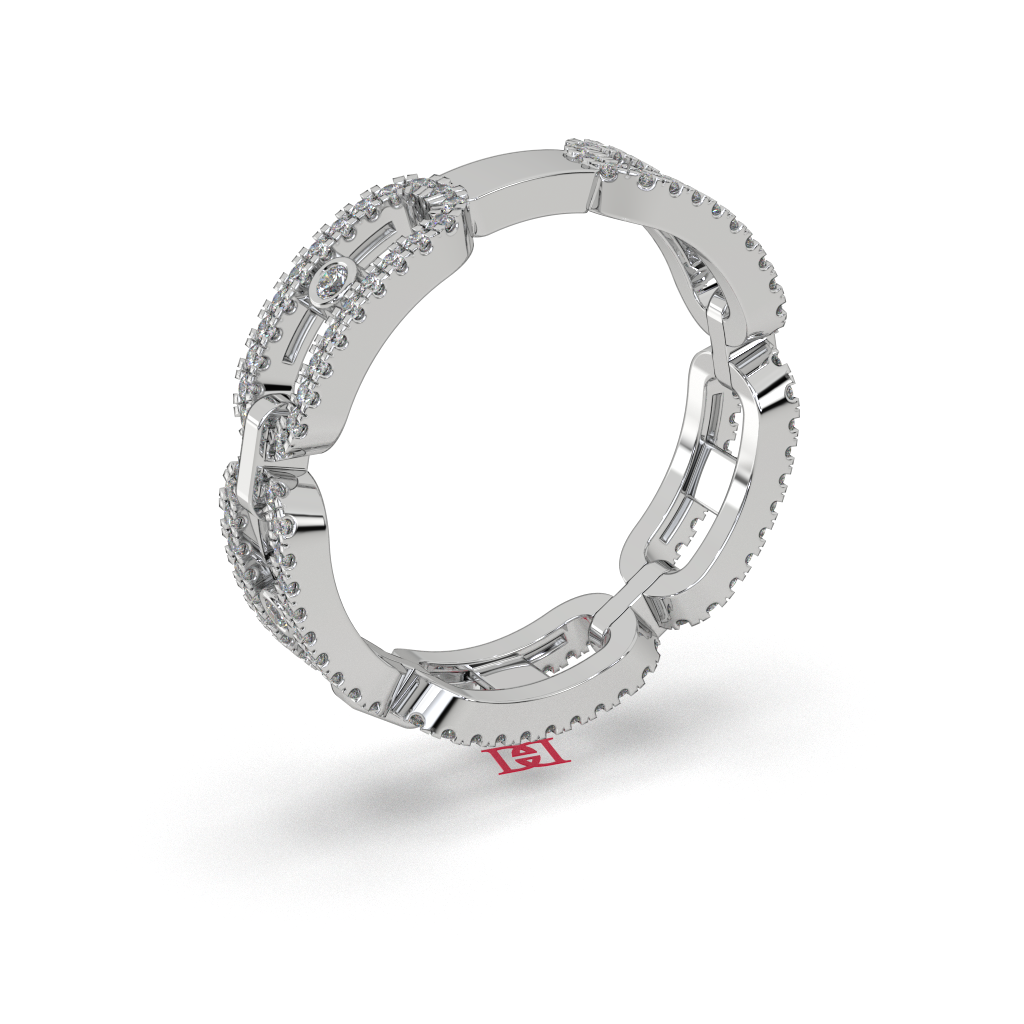 Luxury Silver Diamond Link Ring | White Diamond Chain Band Ring | 925 Sterling Silver Statement Ring | Modern Designer Eternity Ring