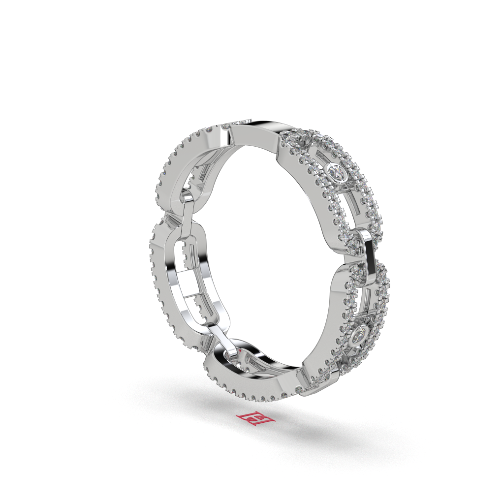 Luxury Silver Diamond Link Ring | White Diamond Chain Band Ring | 925 Sterling Silver Statement Ring | Modern Designer Eternity Ring