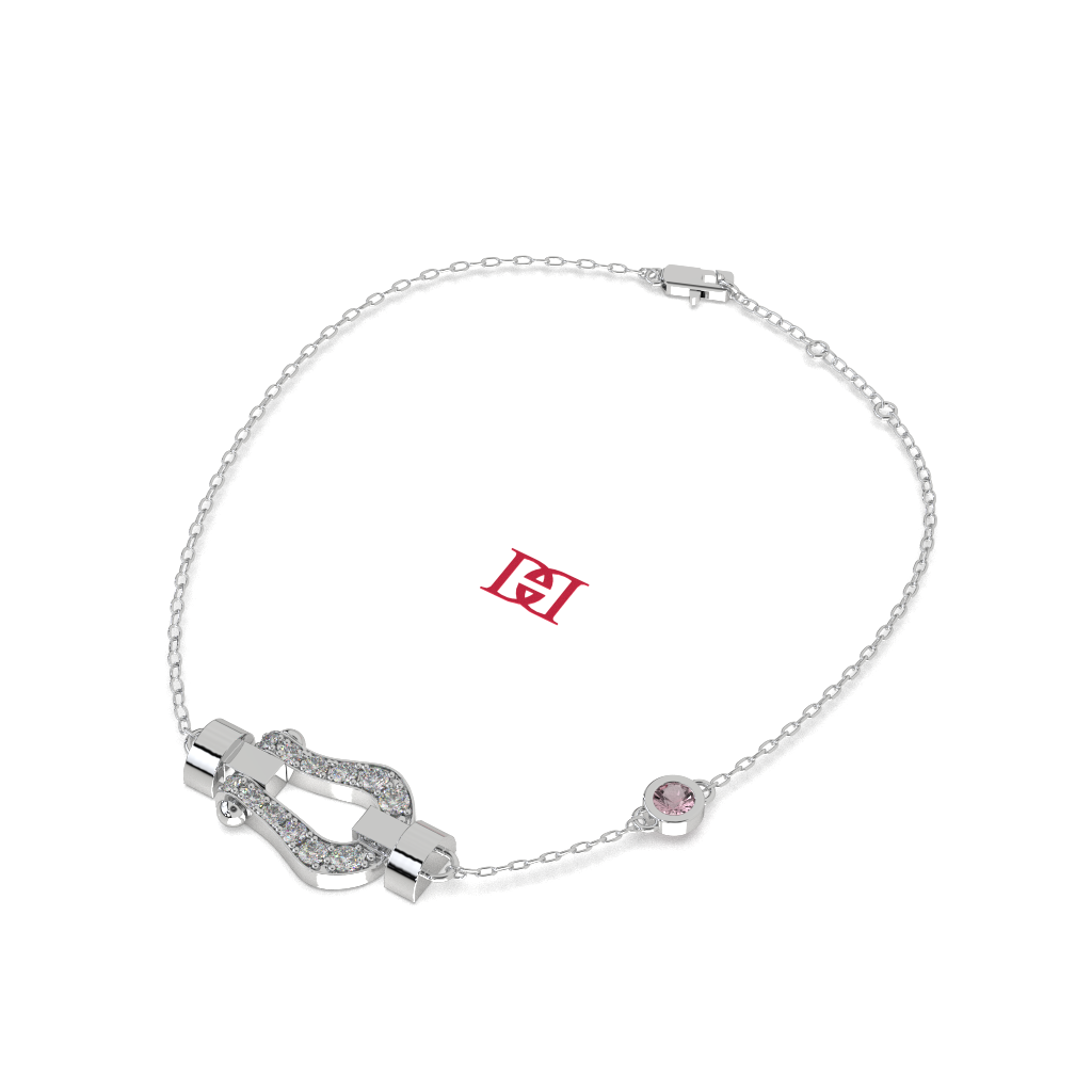 Luxury 925 Silver Diamond Clasp Bracelet, Designer Pavé Link Bracelet, Pink Stone Accent Bracelet, Elegant Minimalist Fine Jewelry