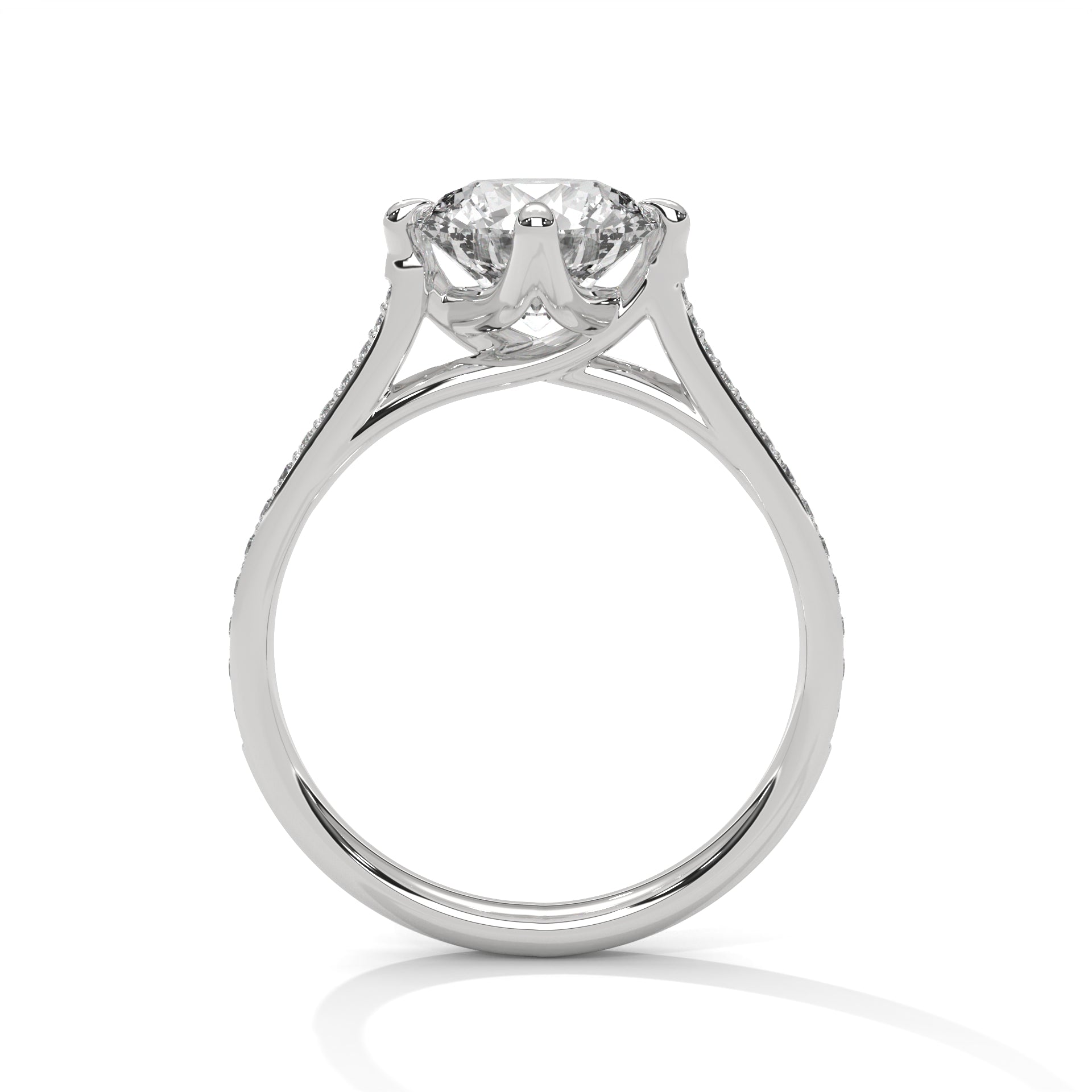 Round Diamond Pavé Engagement Ring in White Gold – Classic Round Solitaire with Diamond Band – Elegant Proposal Ring – Luxury Diamond Engagement Ring