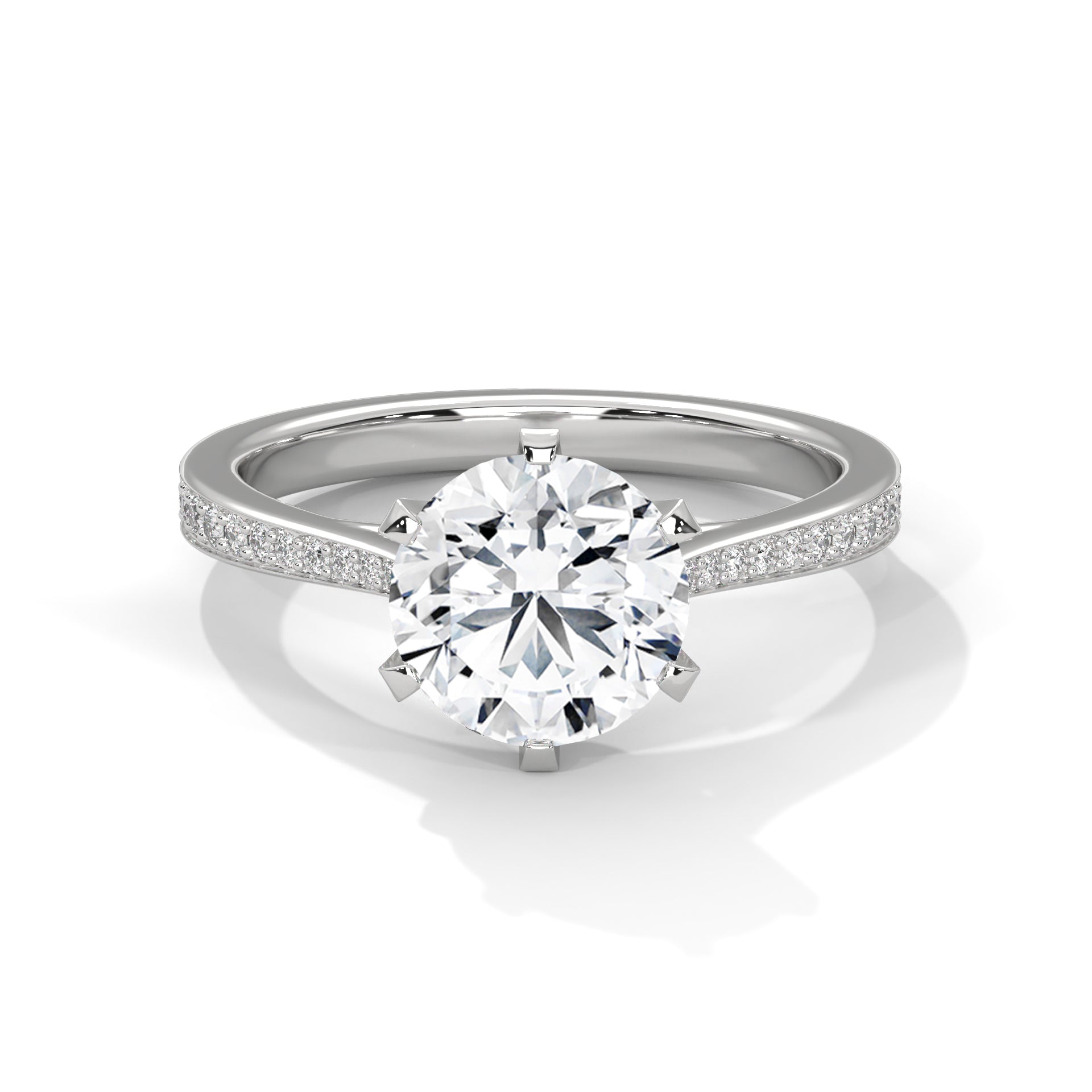 Round Brilliant Diamond Engagement Ring in 14K White Gold, 1.50 Carat Lab Grown Diamond with Pavé Band