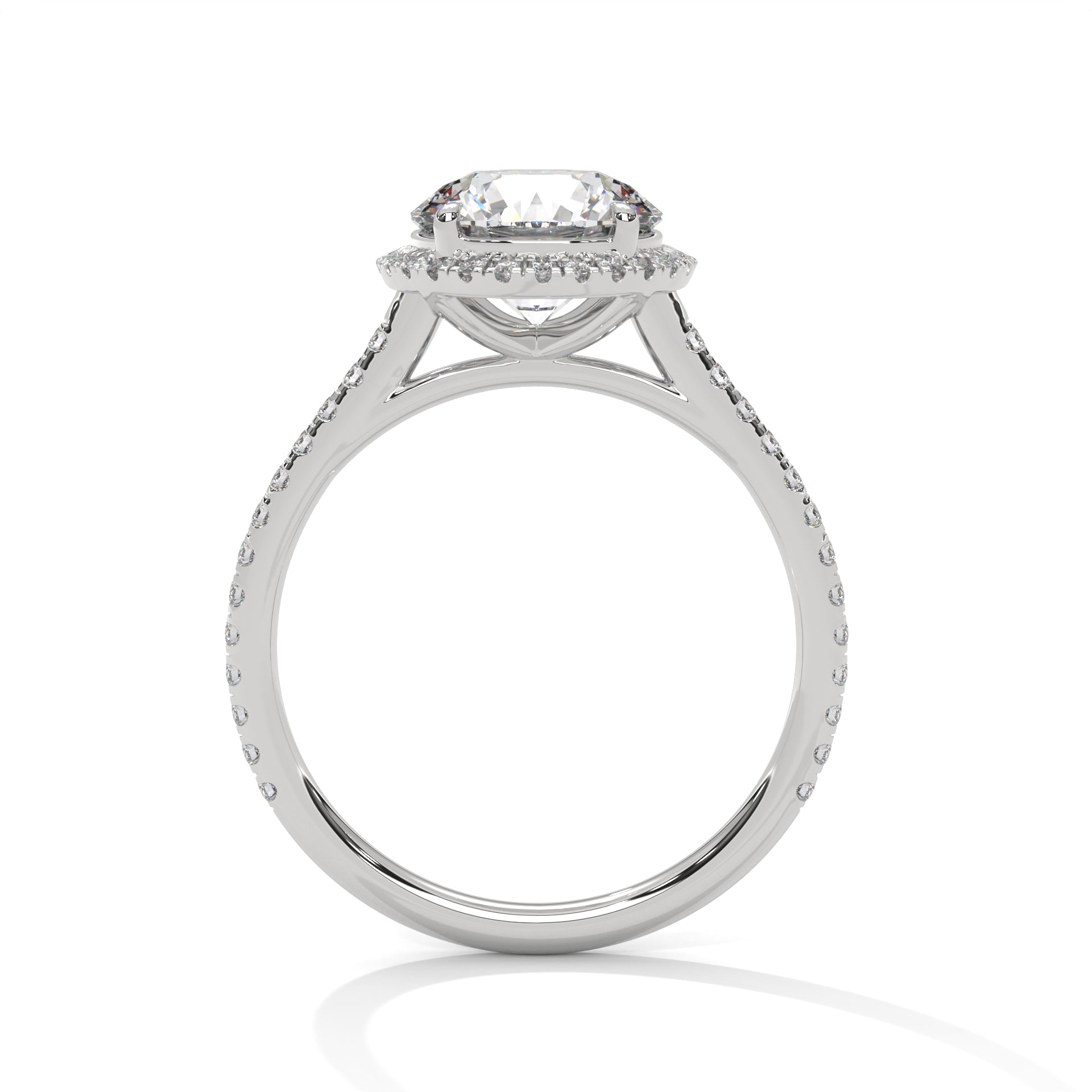 Round Halo Diamond Engagement Ring in White Gold – 2 Carat Round Brilliant with Pavé Diamond Band