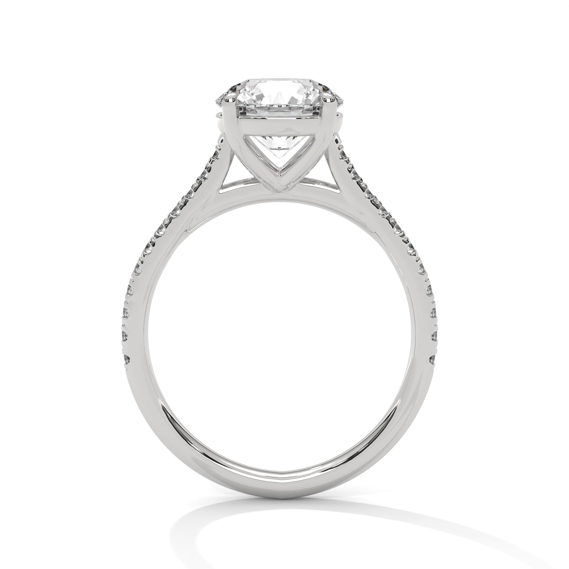 Round Diamond Pavé Engagement Ring in White Gold – Round Brilliant Solitaire Ring – Diamond Accent Engagement Ring – Classic Proposal Ring