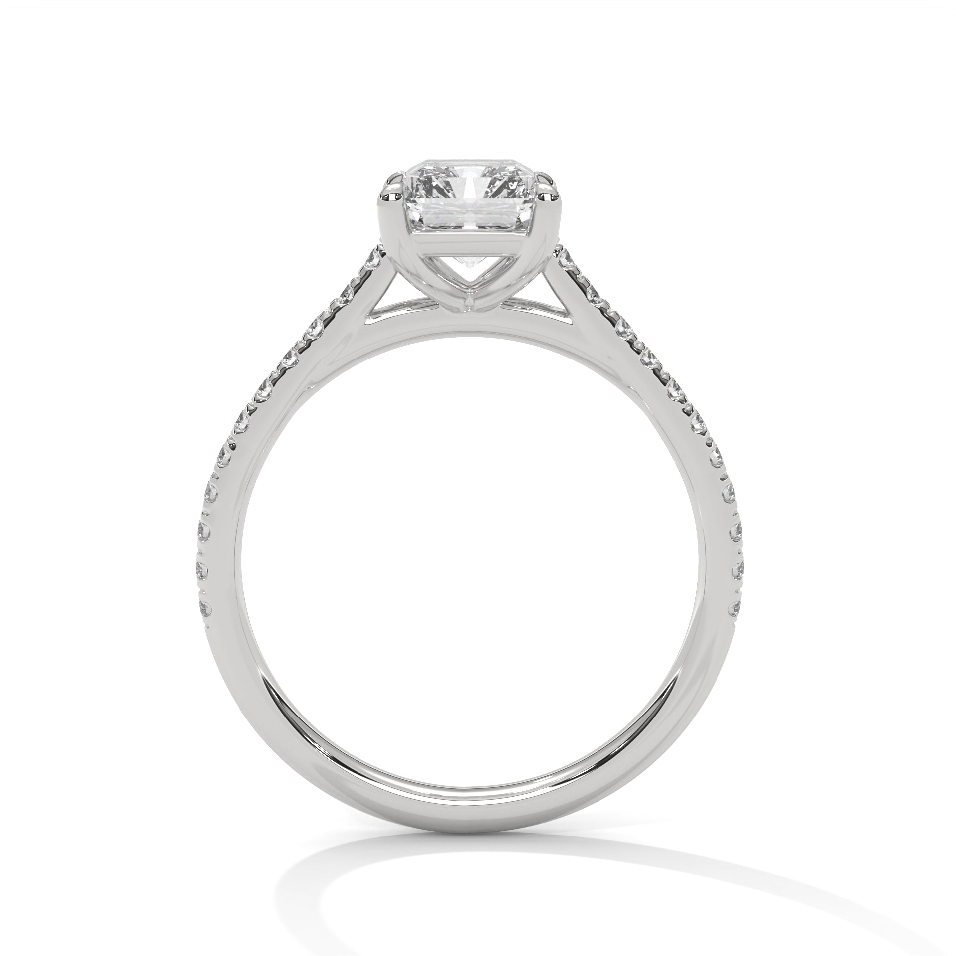 Emerald Cut Diamond Engagement Ring in White Gold – Pavé Diamond Band Ring – Classic Emerald Cut Proposal Ring