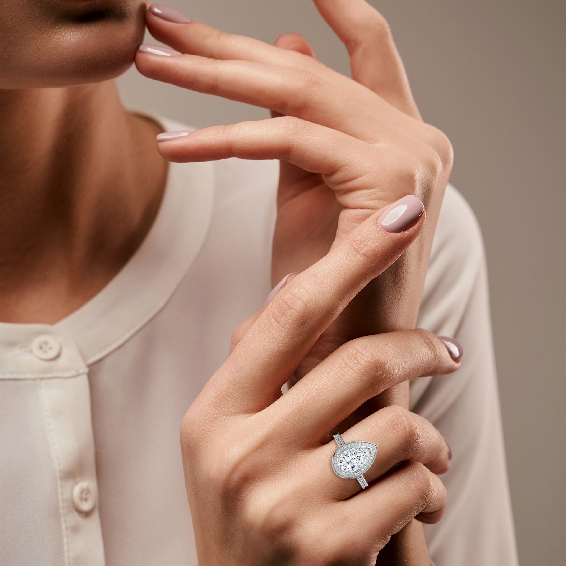 Pear Shape Halo Diamond Engagement Ring in 14K White Gold, 2.00 Carat Lab Grown Diamond with Hidden Halo