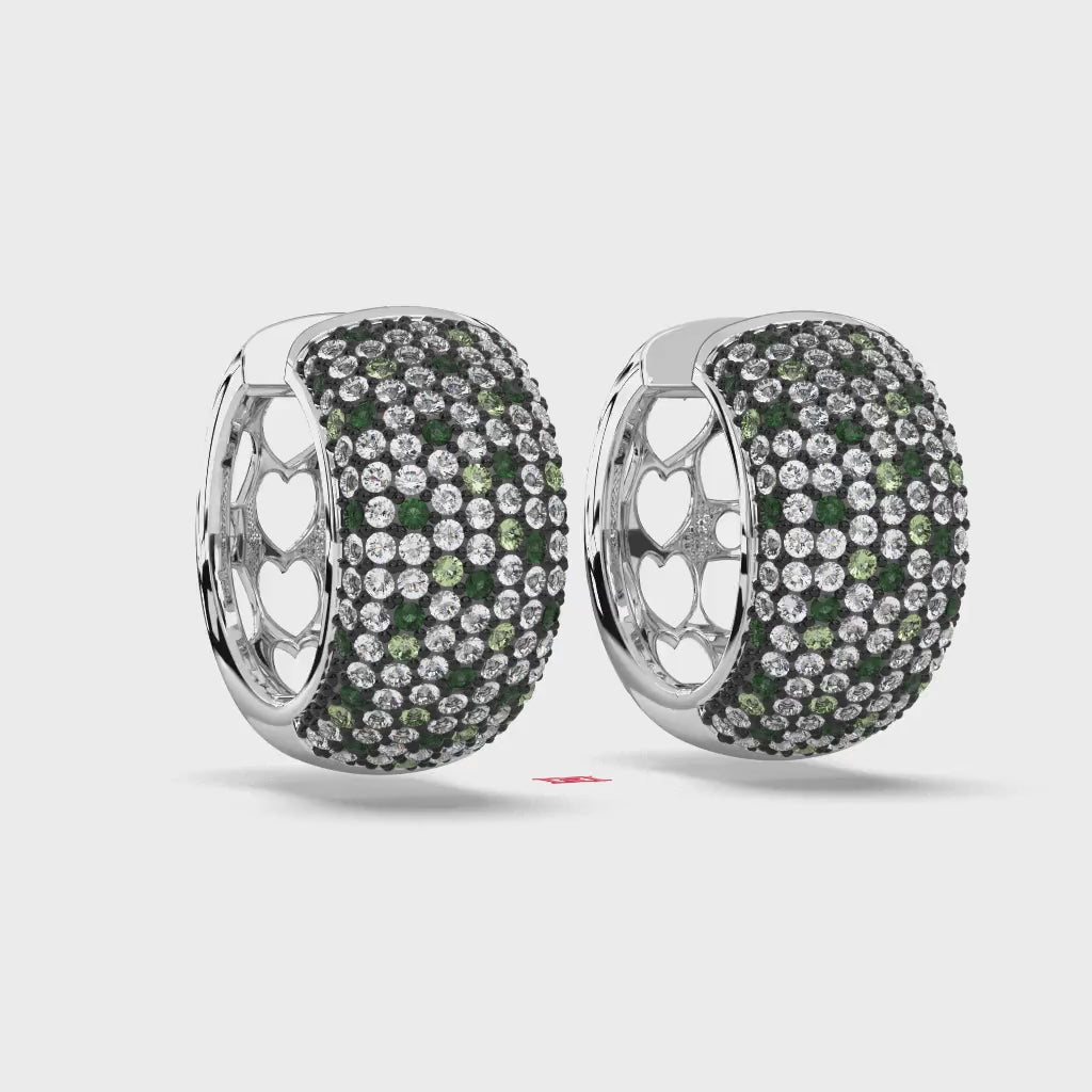 Handmade Pave Diamond 925 Silver Hoop Earrings: Black, White & Green