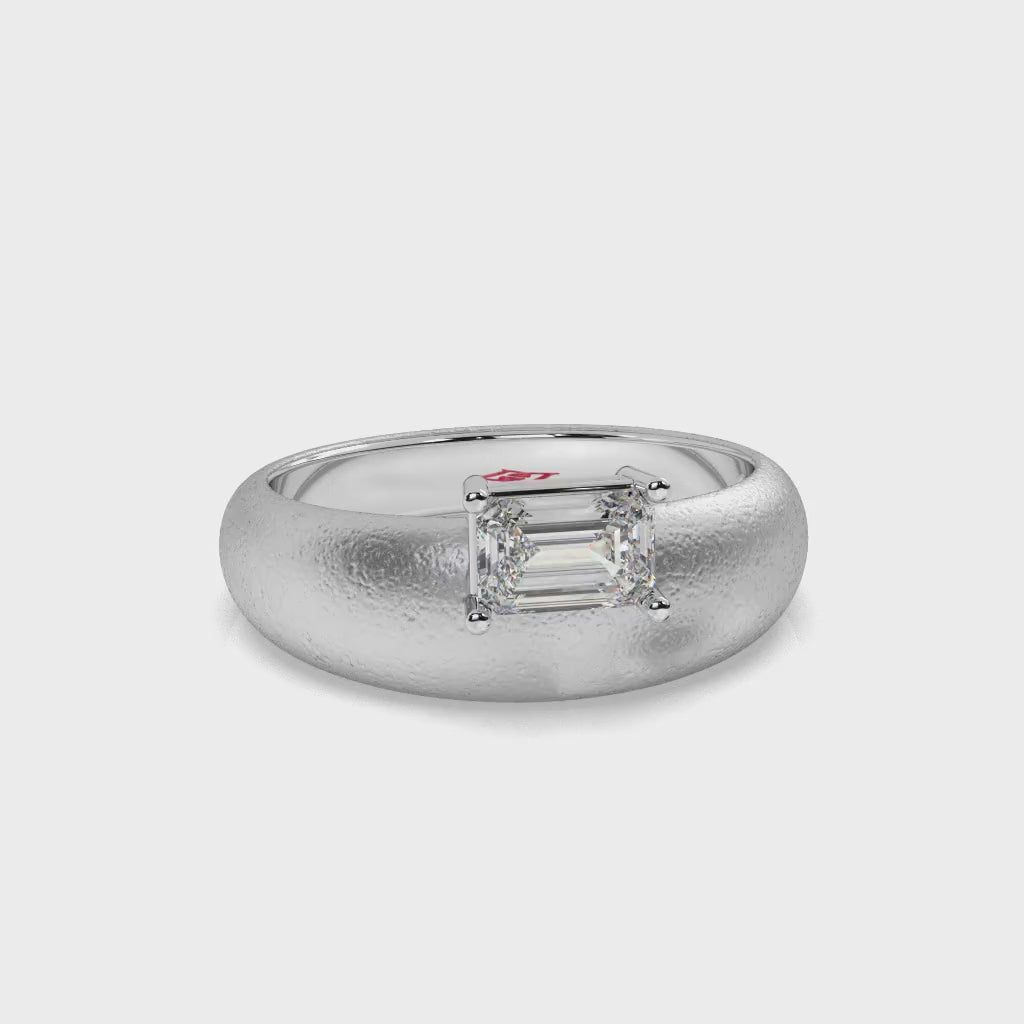 925 Sterling Silver Emerald Cut Diamond Ring Textured Matte Band Minimalist Luxury Engagement Ring
