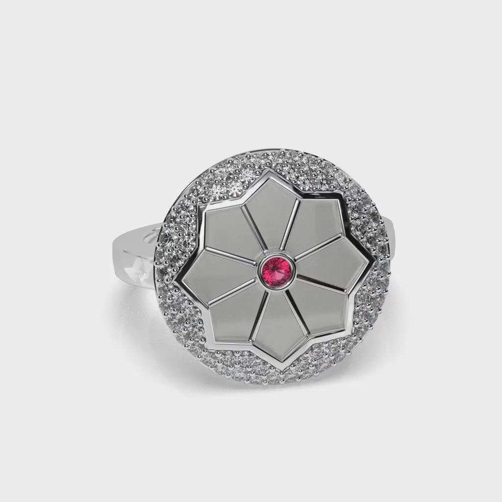 Octavia Halo Medallion Ring with Ruby Center & Diamond Pavé