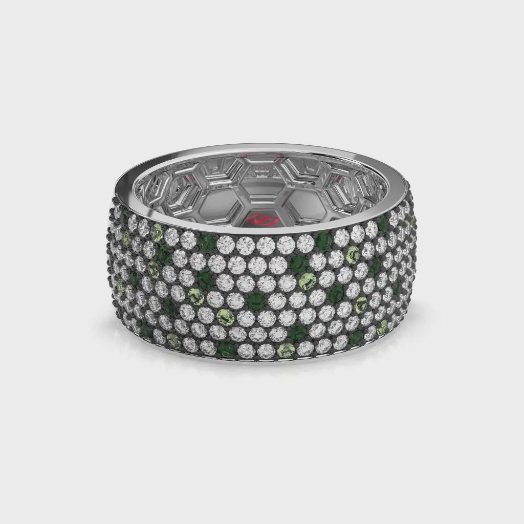 Sterling Silver Green & White Diamond Pave Band Ring, Unisex