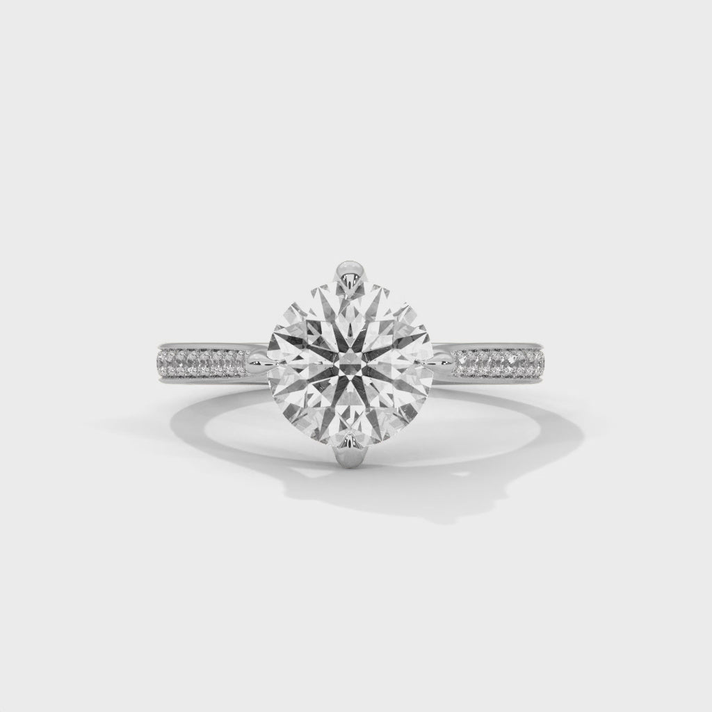 Round Diamond Pavé Engagement Ring in White Gold – Classic Round Solitaire with Diamond Band – Elegant Proposal Ring – Luxury Diamond Engagement Ring