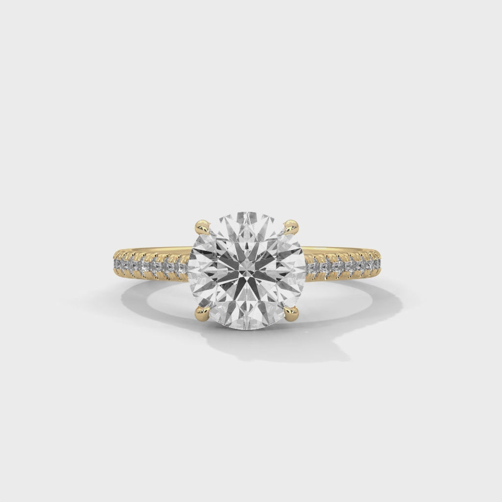 Round Diamond Pavé Engagement Ring in Gold – Round Brilliant Solitaire Ring – Diamond Accent Engagement Ring – Classic Proposal Ring