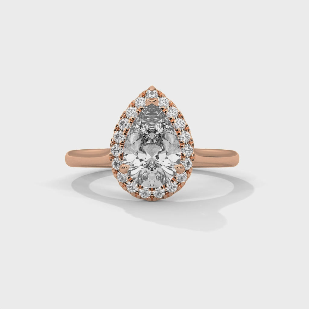 Pear Cut Diamond Halo Engagement Ring in Rose Gold – Pear Shaped Diamond Halo Ring – Vintage Pear Diamond Proposal Ring – Halo Bridal Engagement Ring