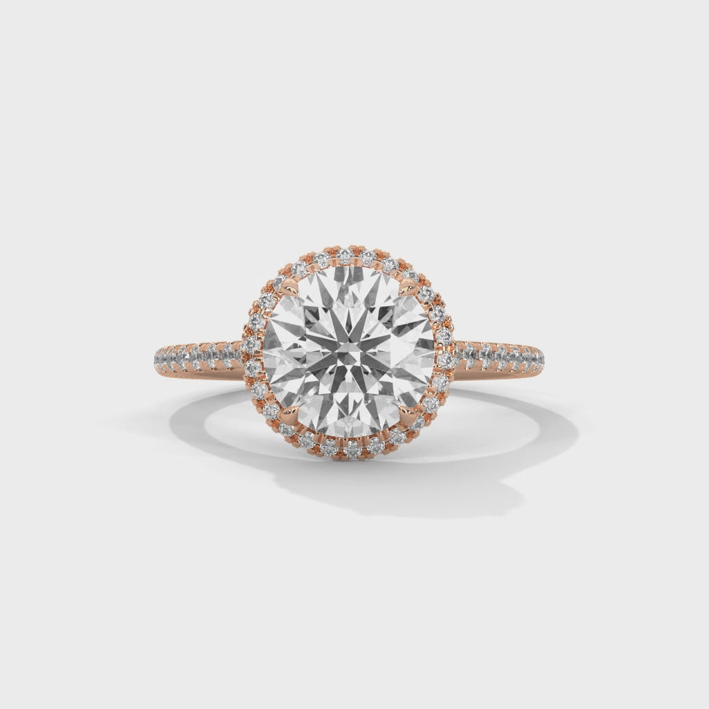 Round Halo Diamond Engagement Ring in Rose Gold – 2 Carat Round Brilliant with Pavé Diamond Band