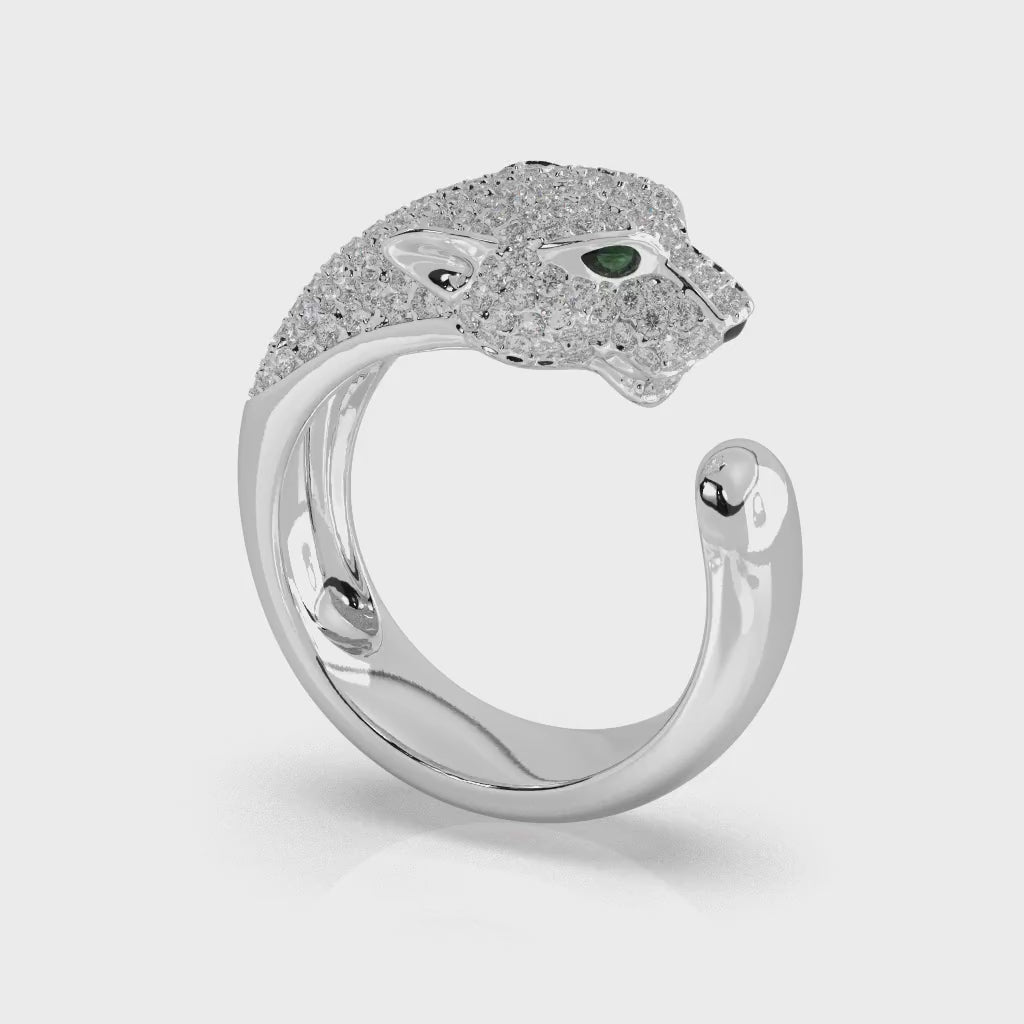 Diamond Pavé Panther Ring, Green Eyes, 925 Sterling Silver