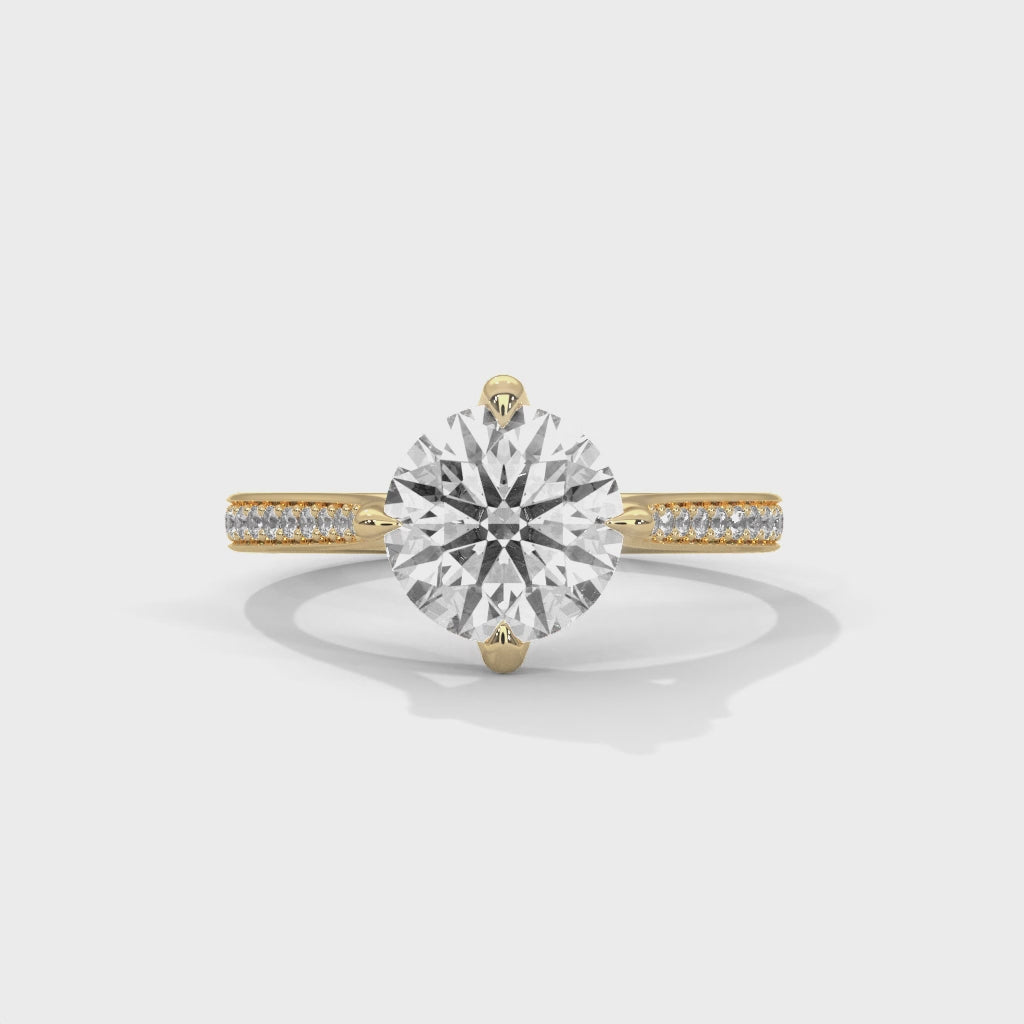 Round Diamond Pavé Engagement Ring in Gold – Classic Round Solitaire with Diamond Band – Elegant Proposal Ring – Luxury Diamond Engagement Ring