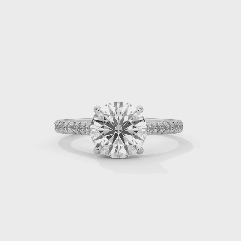 Round Diamond Pavé Engagement Ring in White Gold – Round Brilliant Solitaire Ring – Diamond Accent Engagement Ring – Classic Proposal Ring