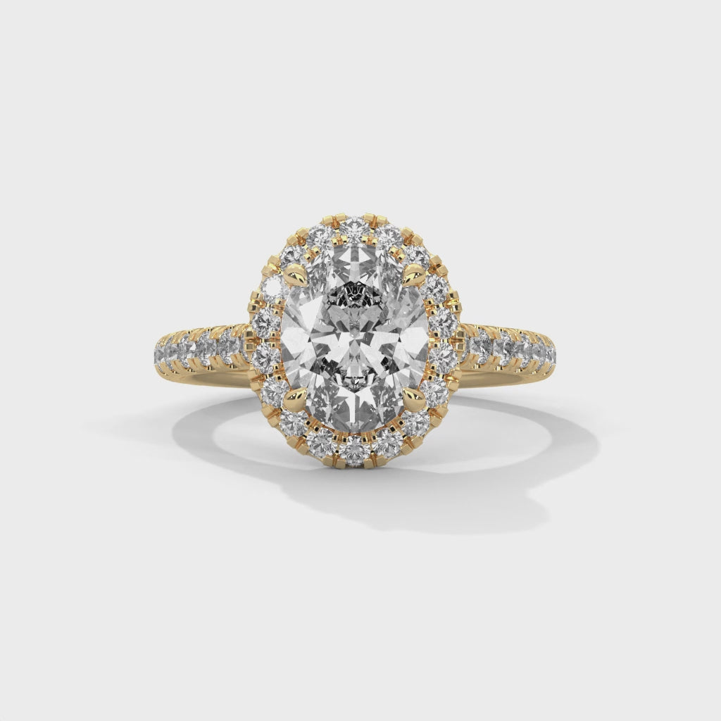 Oval Cut Diamond Halo Engagement Ring in Yellow Gold – Oval Diamond Halo Ring – Pave Diamond Engagement Ring – Vintage Style Diamond Proposal Ring