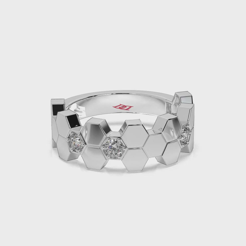925 Sterling Silver Geometric Hexagon Diamond Ring | Modern Honeycomb Design | Luxury Statement Band