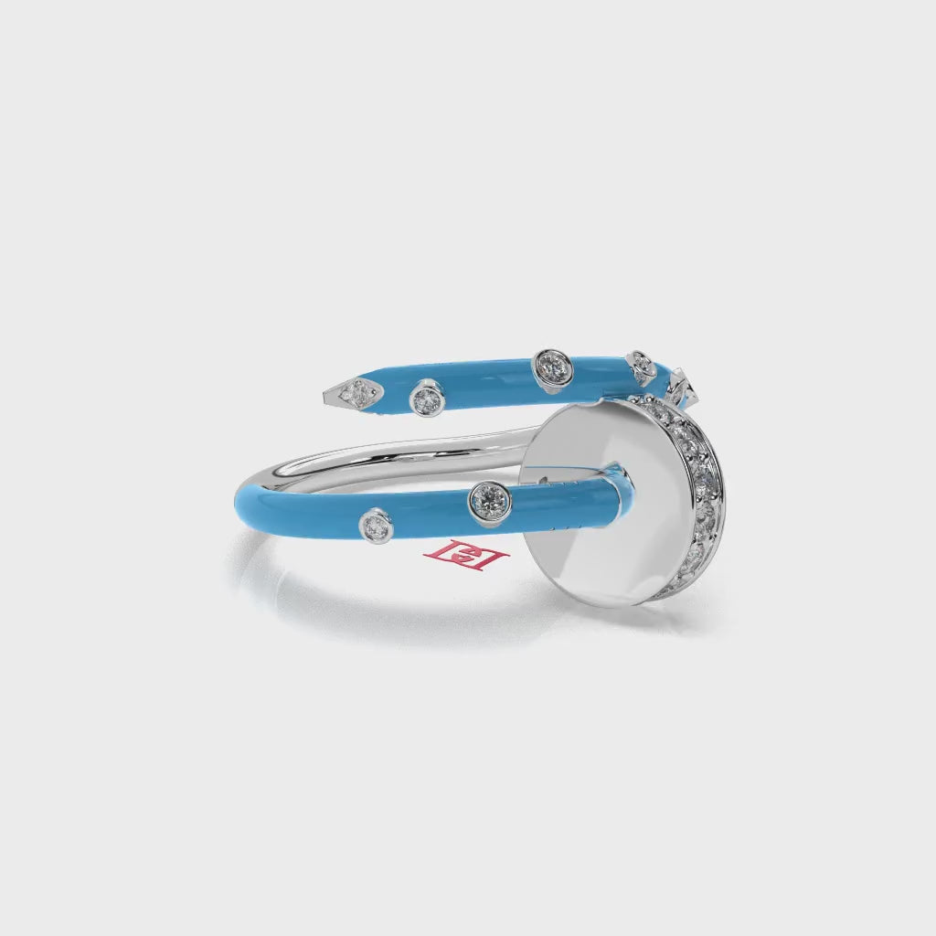 Sterling Silver Open Wrap Ring: Blue Enamel with Diamond Accents