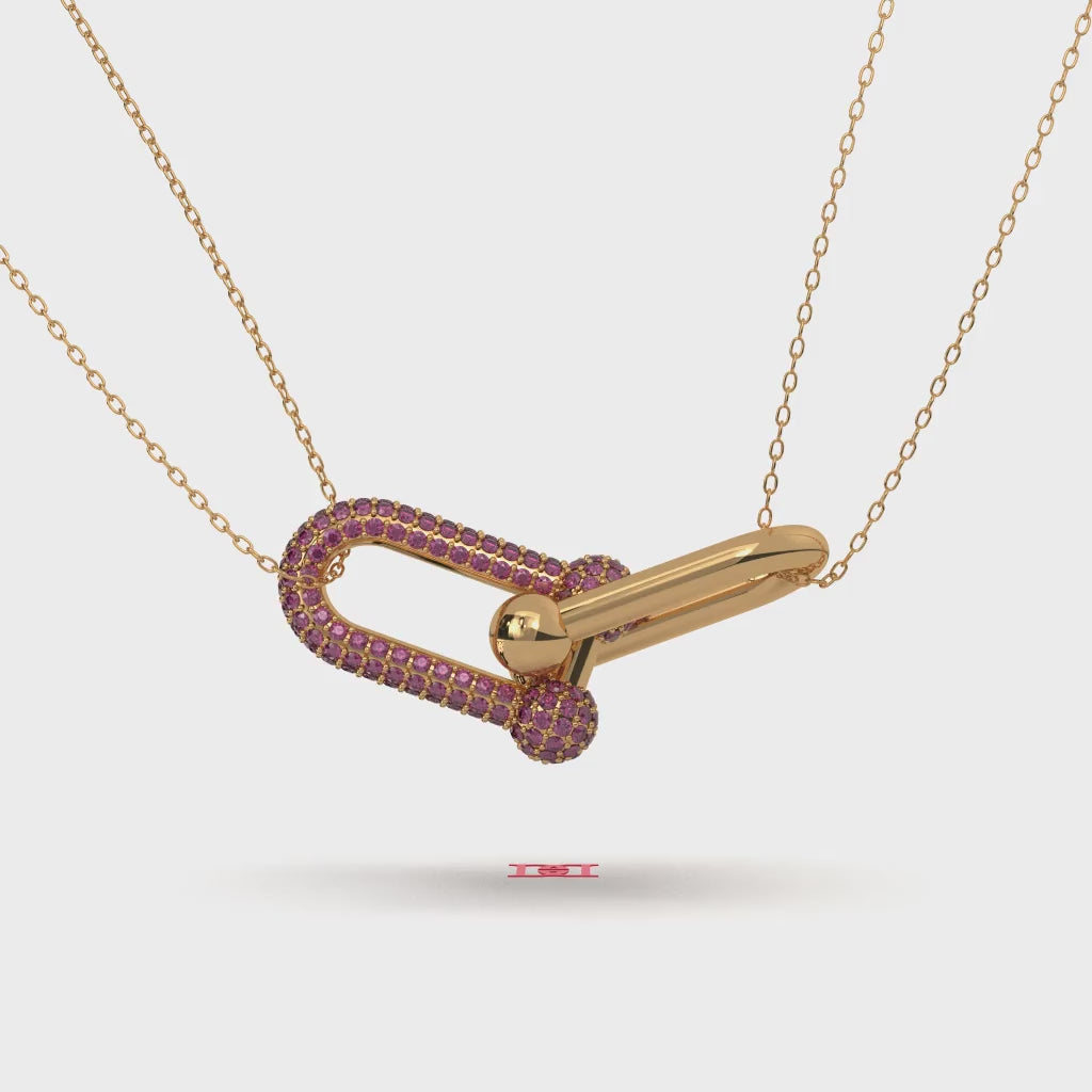 925 Sterling Silver Safety Pin Pendant Necklace with Pink Pavé Stones, Modern Statement Charm Necklace, 925 Silver Jewelry Gift for Her