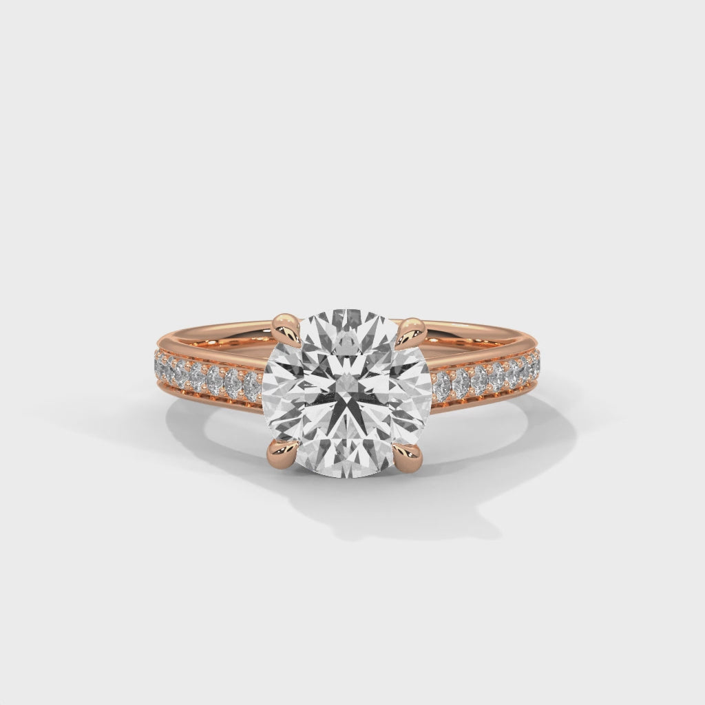 Round Cut Diamond Engagement Ring in Rose Gold – Pavé Diamond Band Ring – Classic Round Solitaire Diamond Ring – Elegant Diamond Proposal Ring