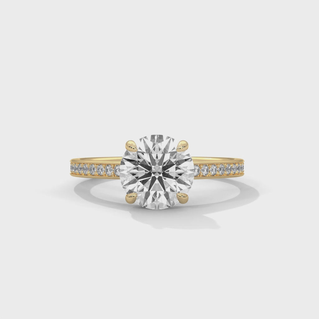 Round Brilliant Diamond Pavé Engagement Ring in Yellow Gold – 1.50 Carat Round Solitaire with Diamond Band