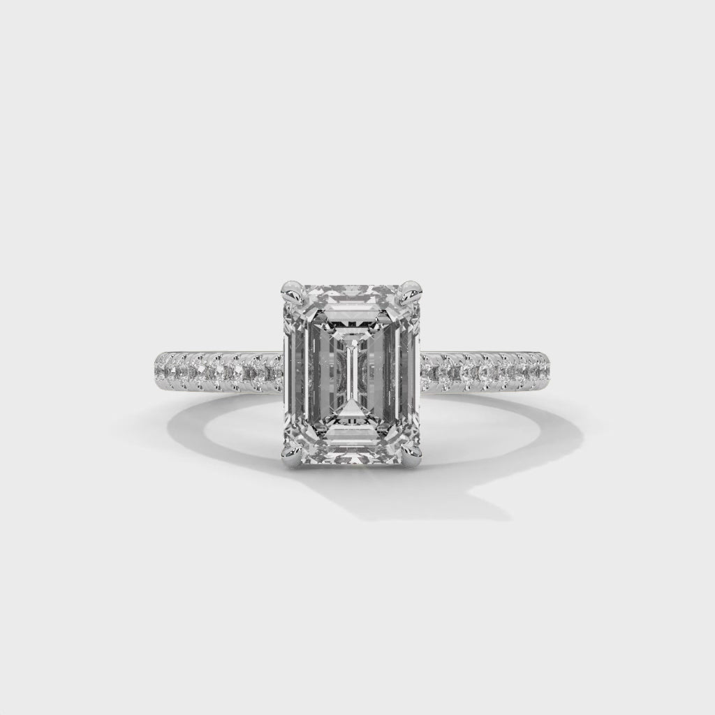 Emerald Cut Diamond Engagement Ring in White Gold – Pavé Diamond Band Ring – Classic Emerald Cut Proposal Ring