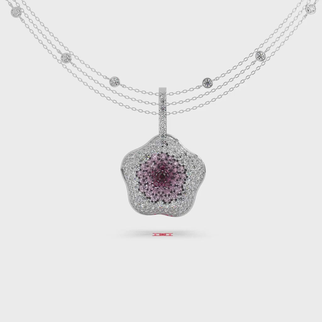 925 Sterling Silver Floral Halo Pendant, Pink Diamond Statement Necklace