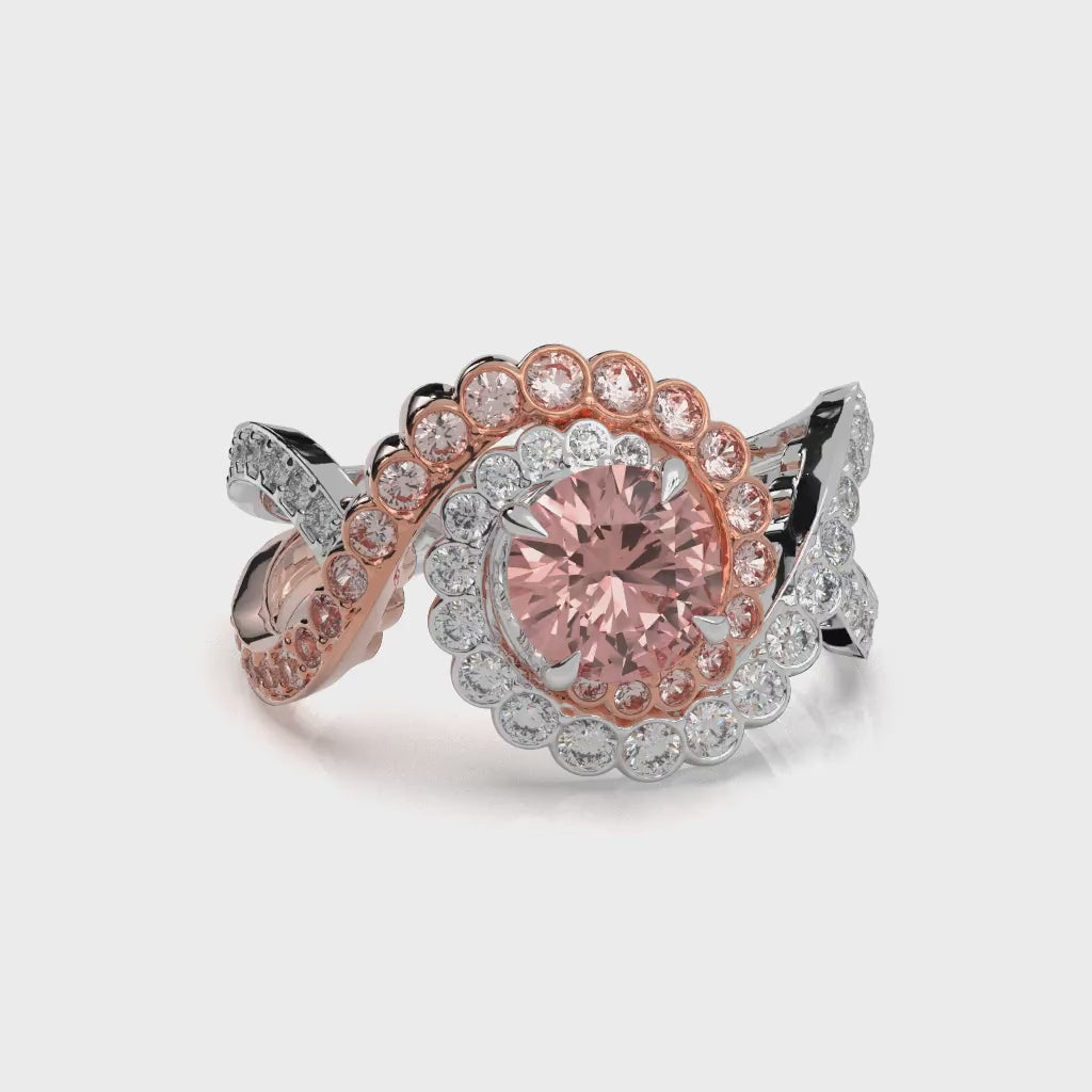 Pink Diamond Halo Ring, Two Tone Sterling Silver Floral Engagement Ring
